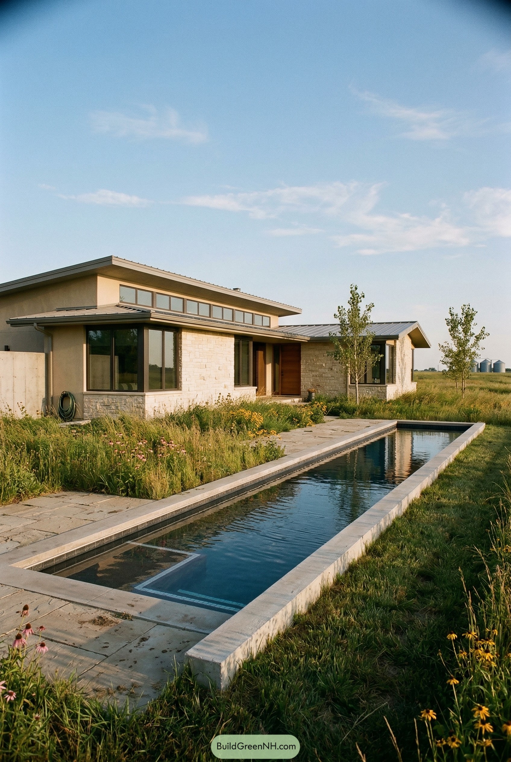 Modern ranch house with long lap pool