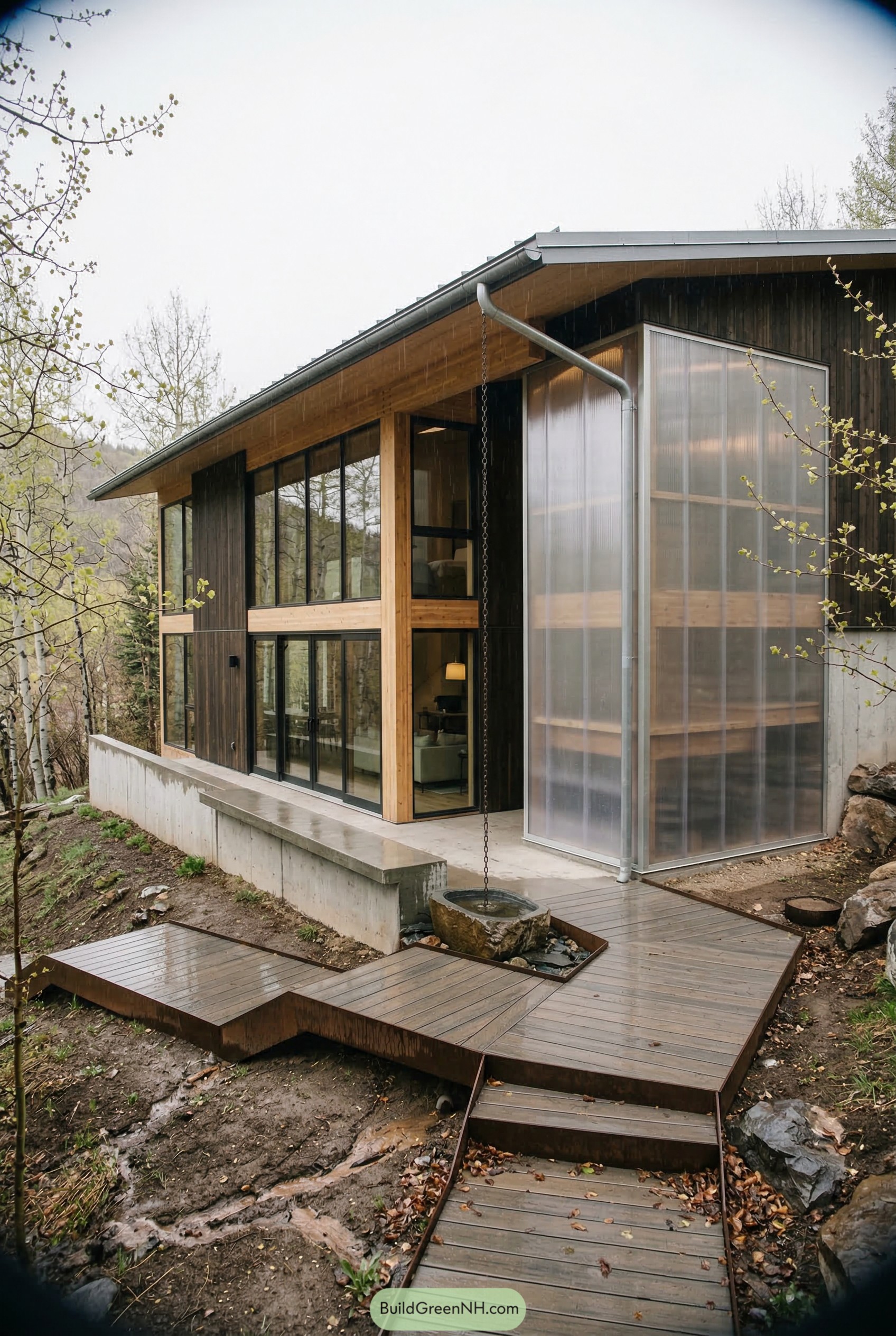 Modern hillside timber house with translucent corner screen