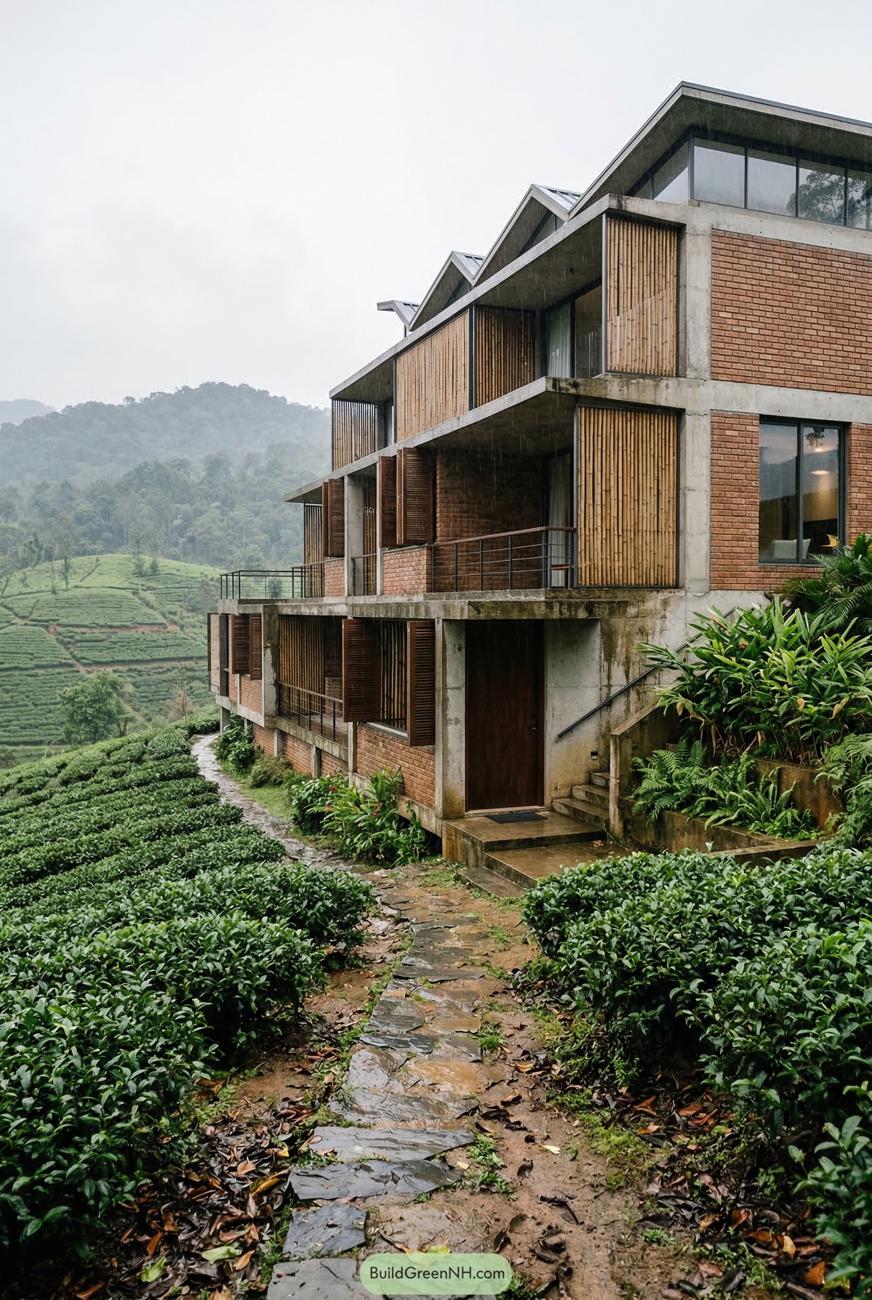 Modern brick and concrete house above tea terraces