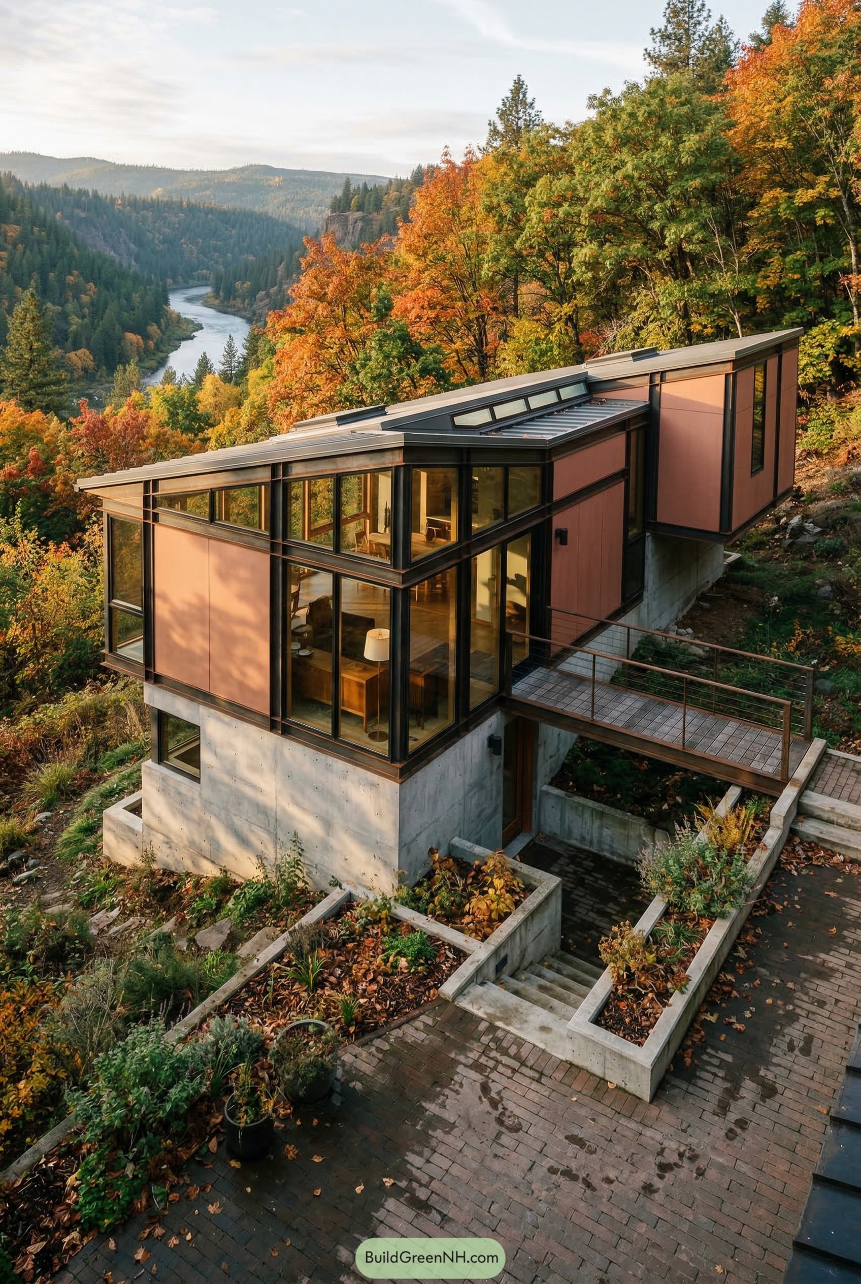 Angular hillside house with glass walls and bridge entry above a river valley