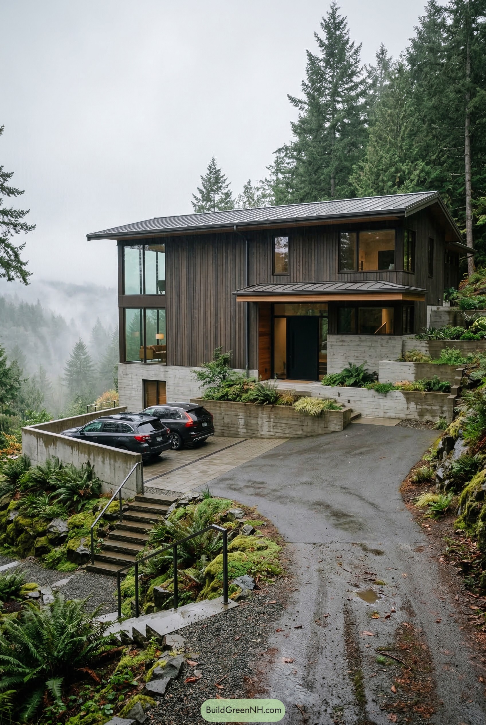 Modern hillside home with dark wood and concrete