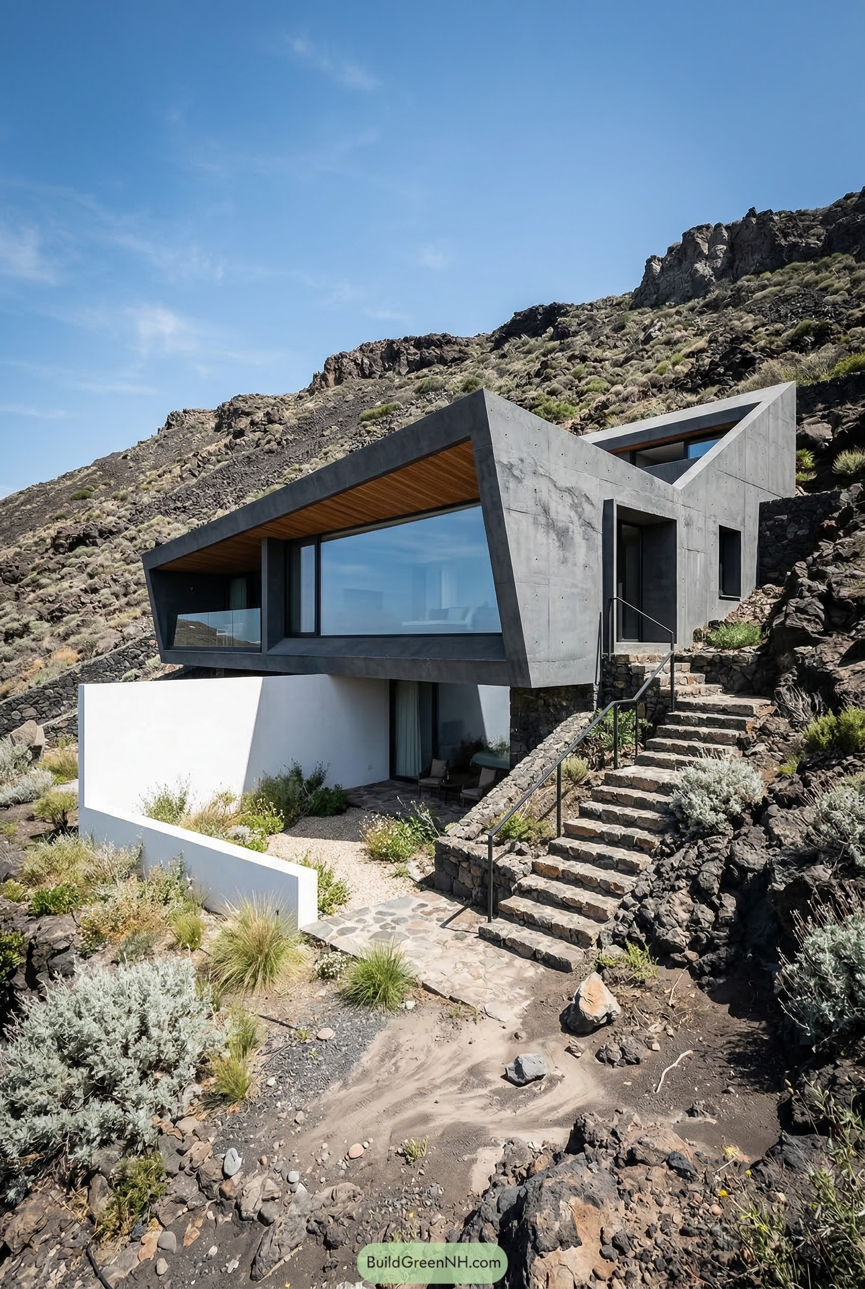 Angular concrete villa on rocky slope