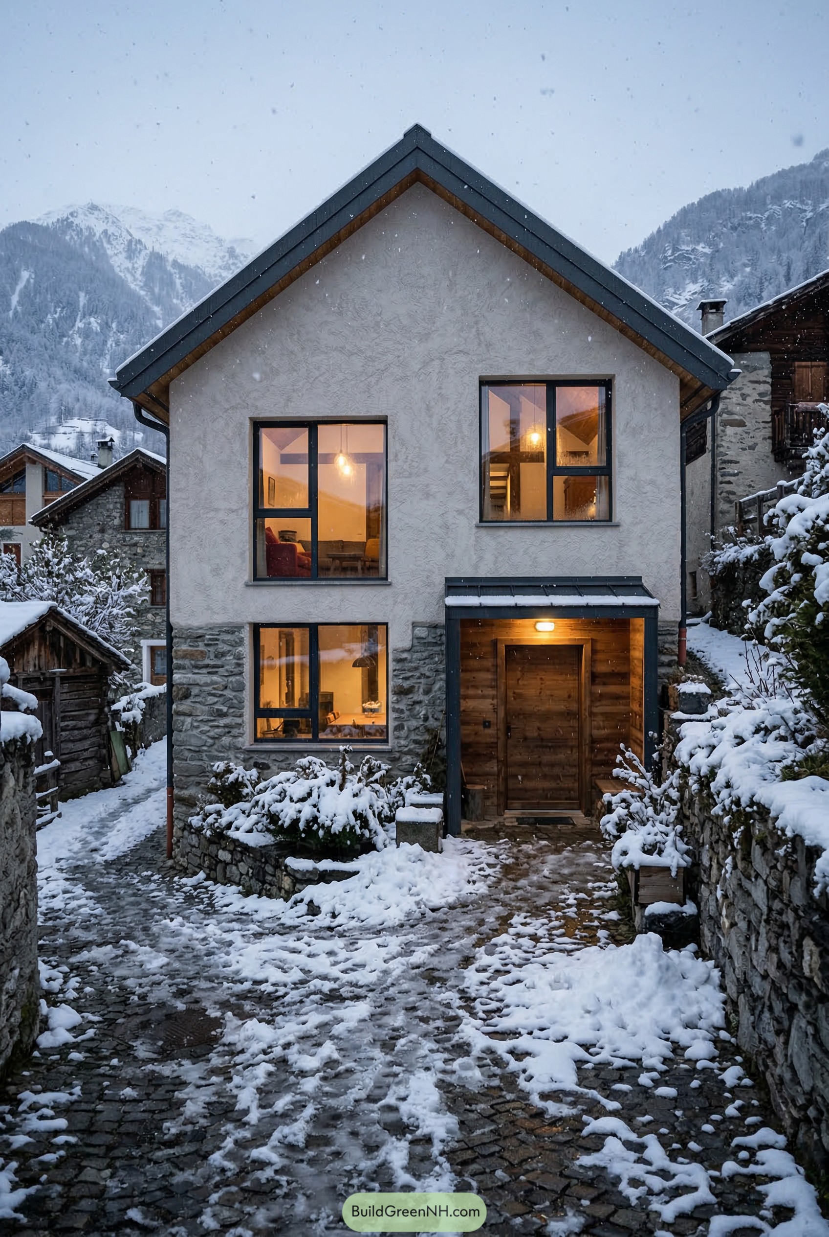 Modern alpine chalet with stone base and snowy path