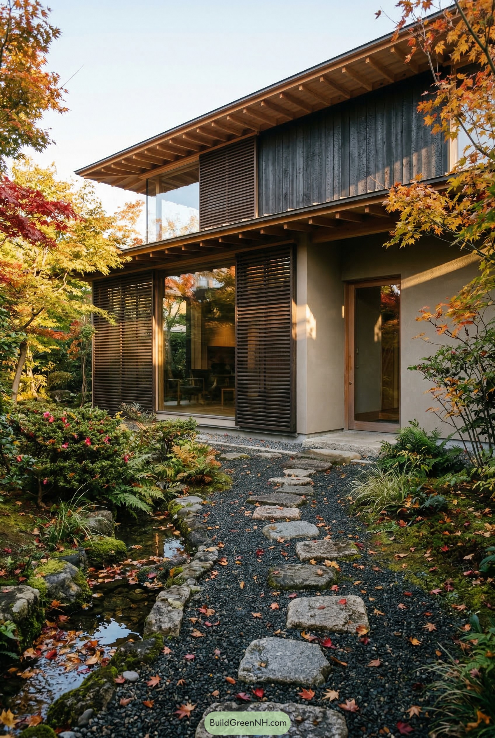 Dark timber residence with stone path and garden stream