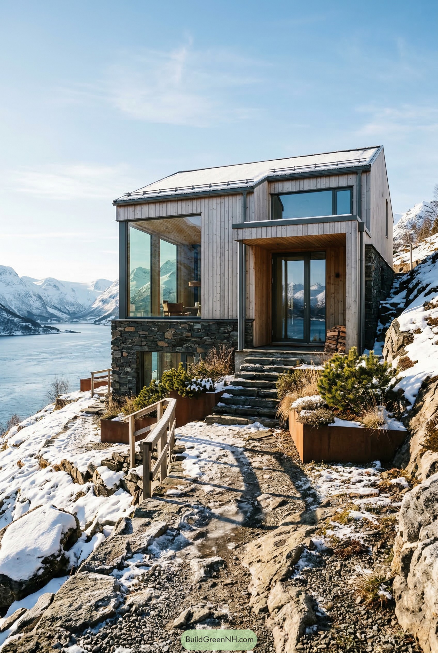Modern timber and stone home above a snowy fjord
