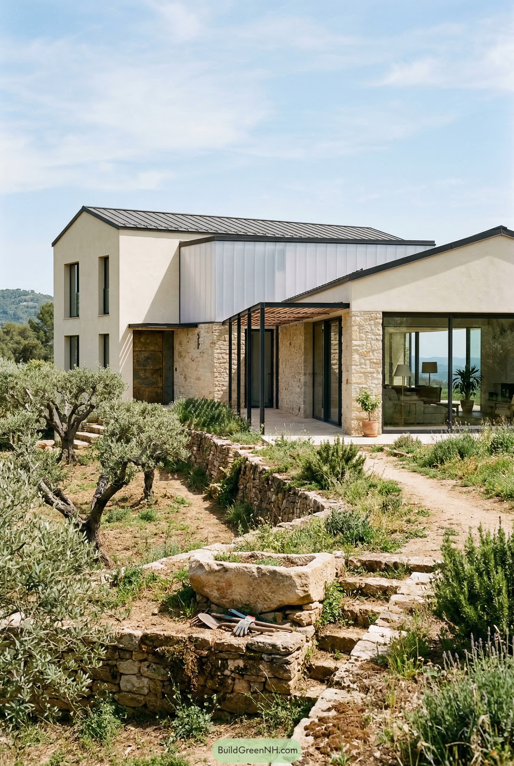 Modern stone and stucco villa among olive trees