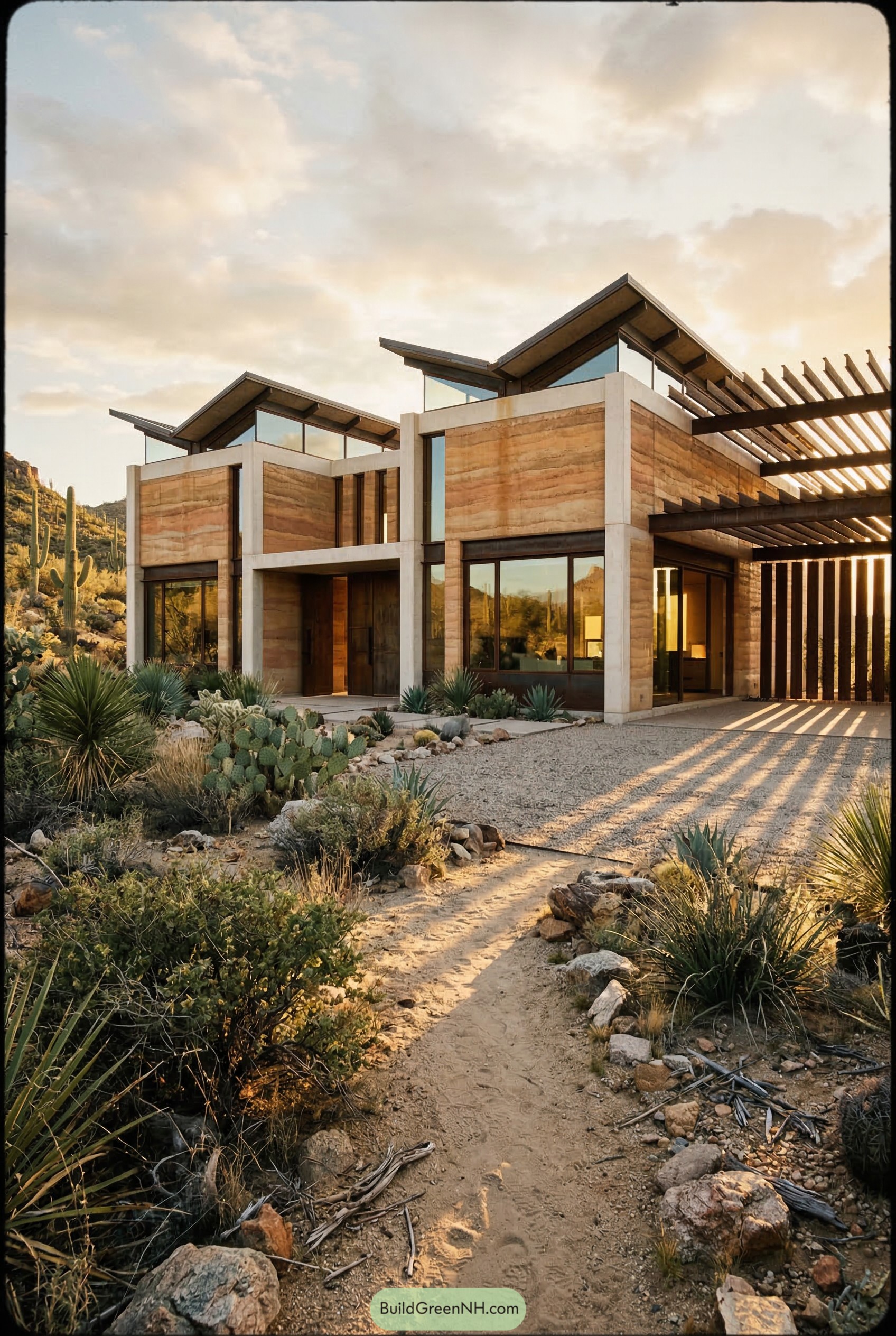 Modern desert villa with layered earth walls and pergola