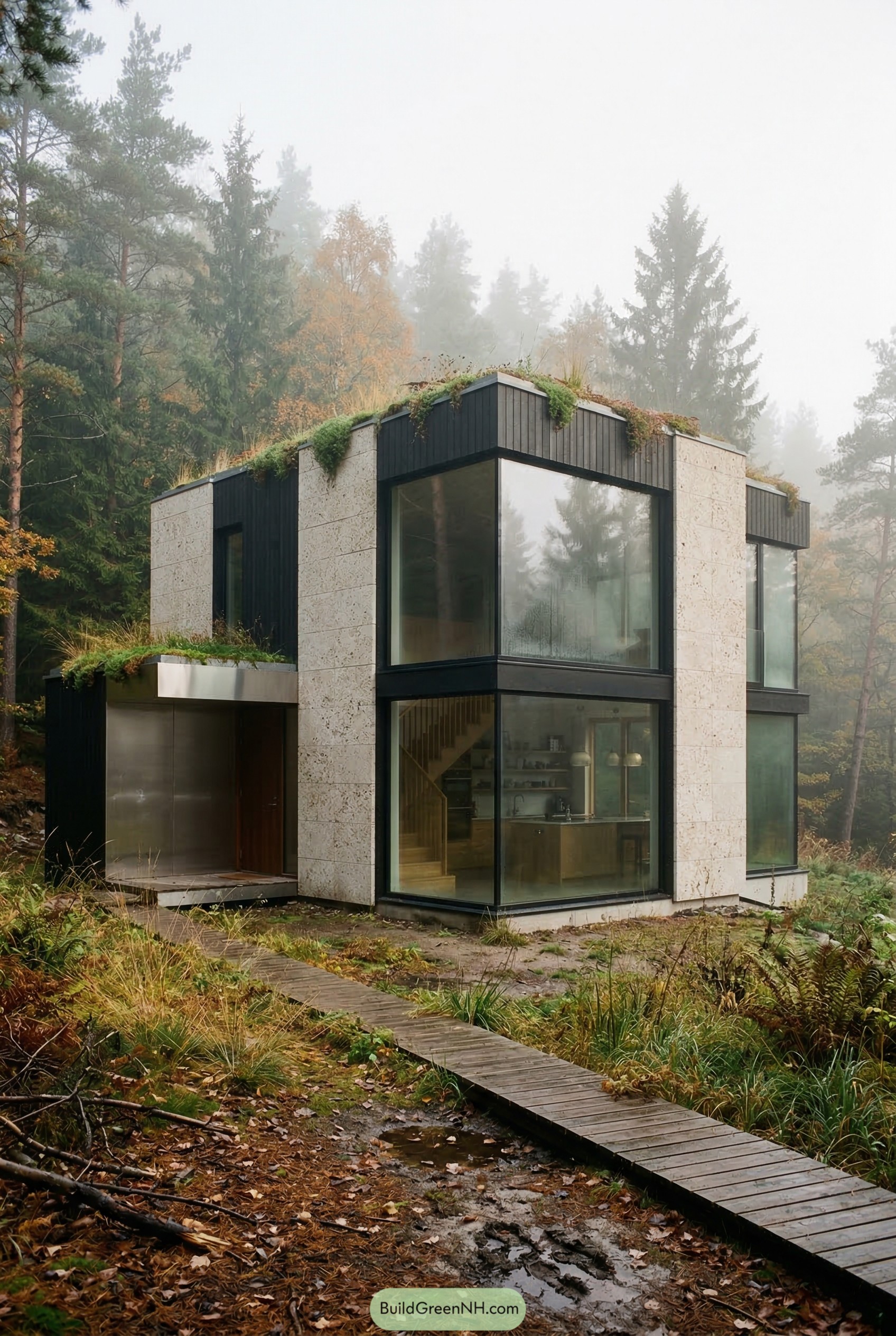 Modern villa with green roof and corner glass in a misty forest