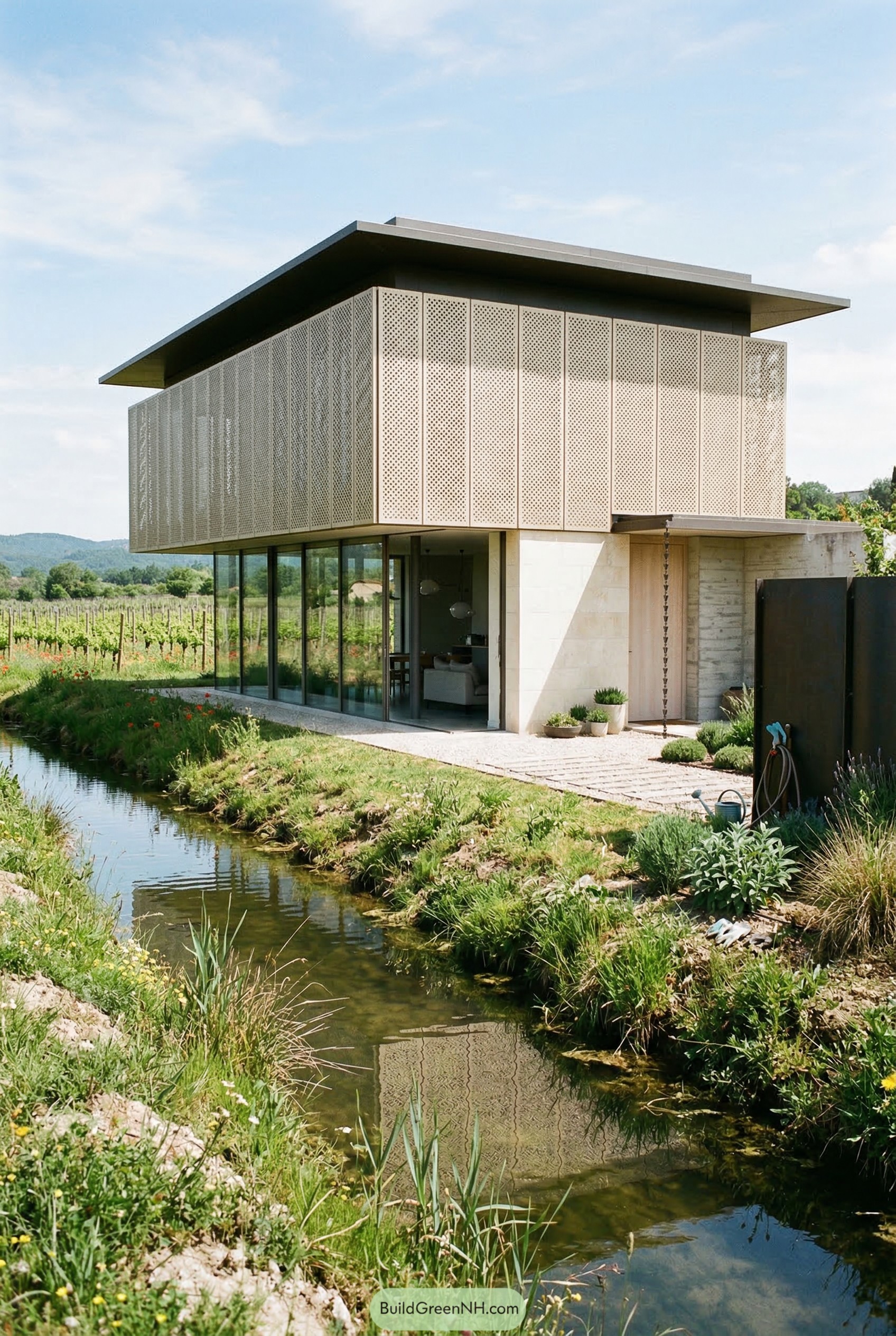 Modern villa with perforated upper story beside a narrow canal