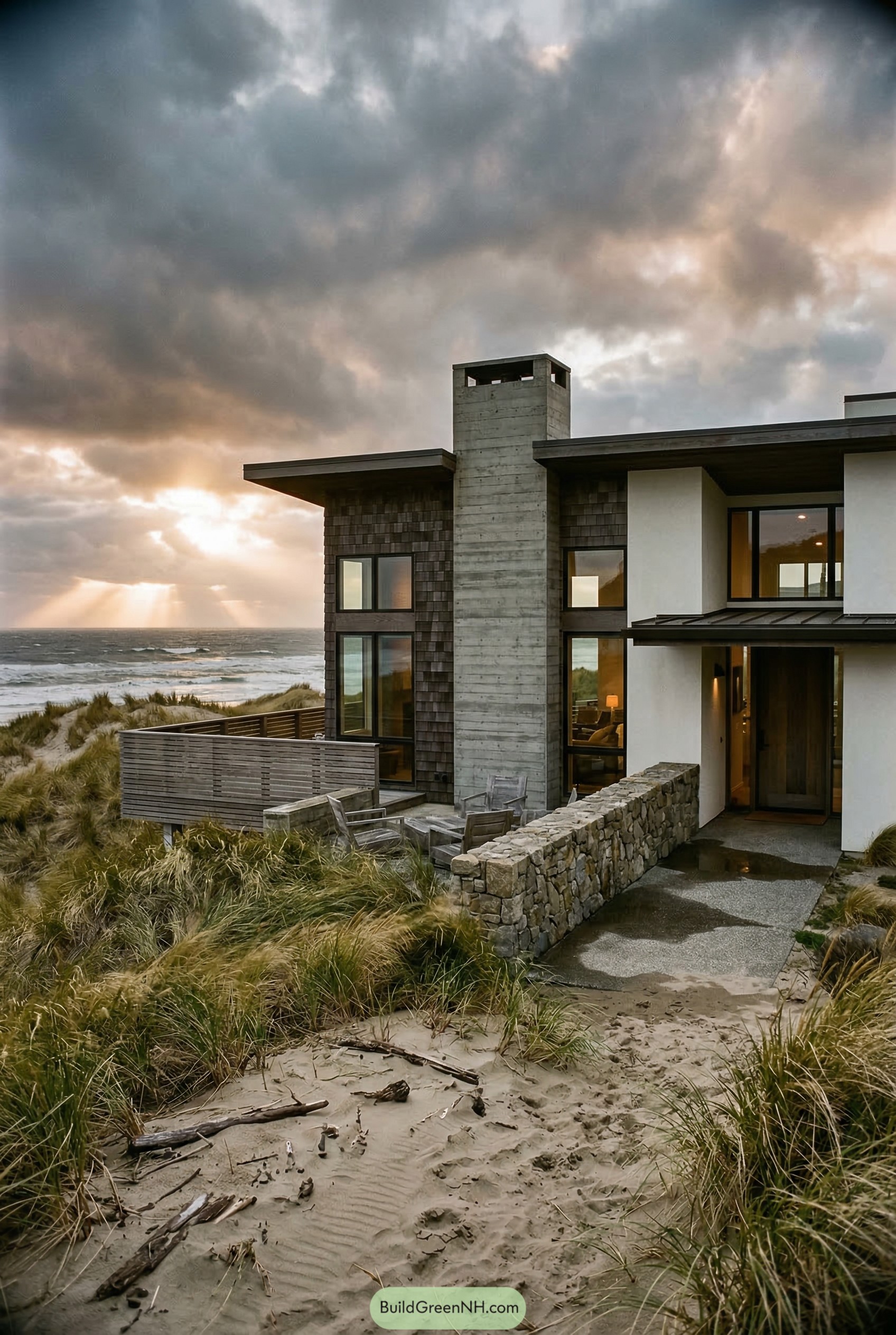 Modern beach villa with concrete chimney in dunes