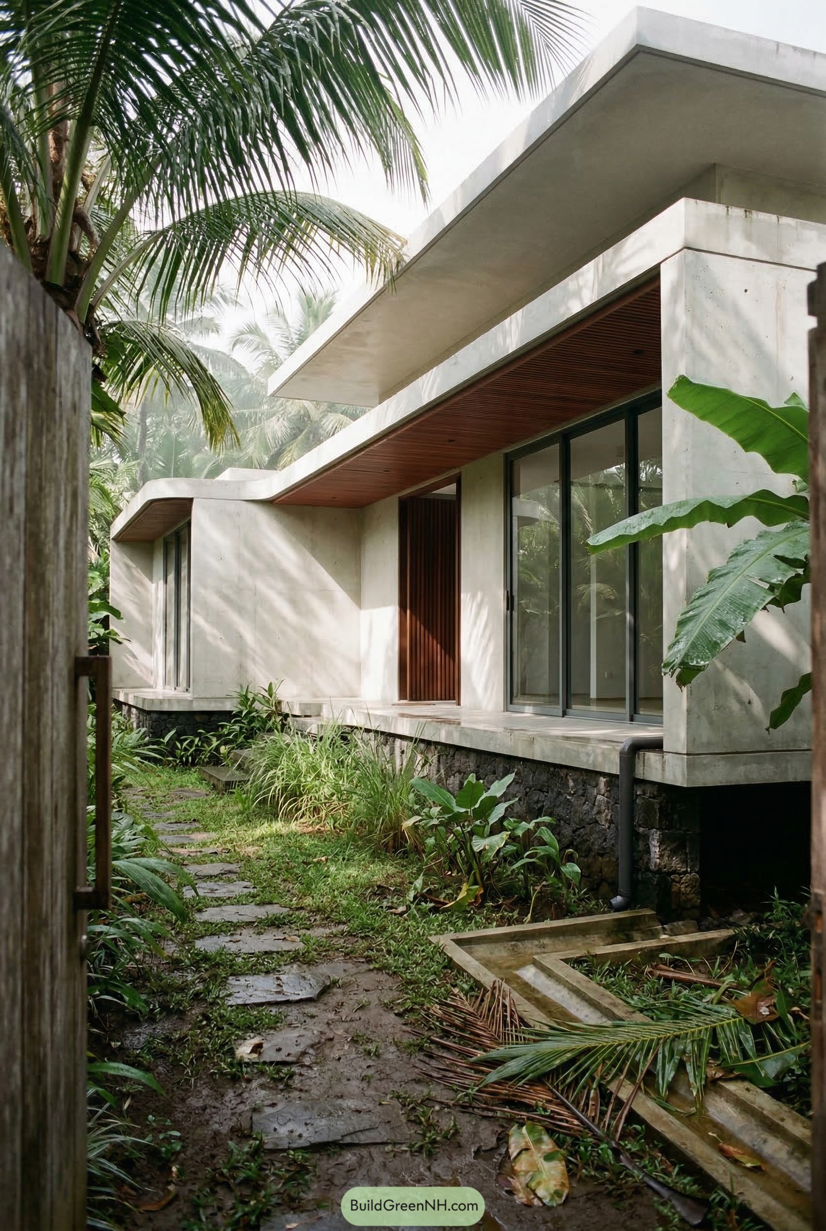 Concrete tropical villa with deep roof overhangs