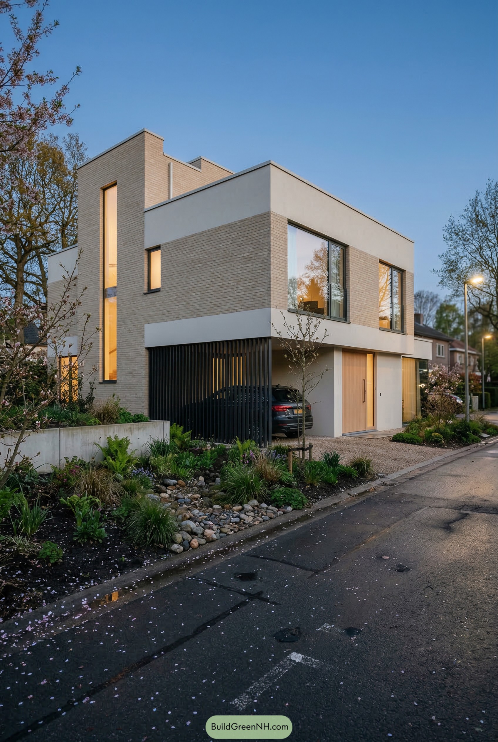 Pale brick villa with black slatted carport