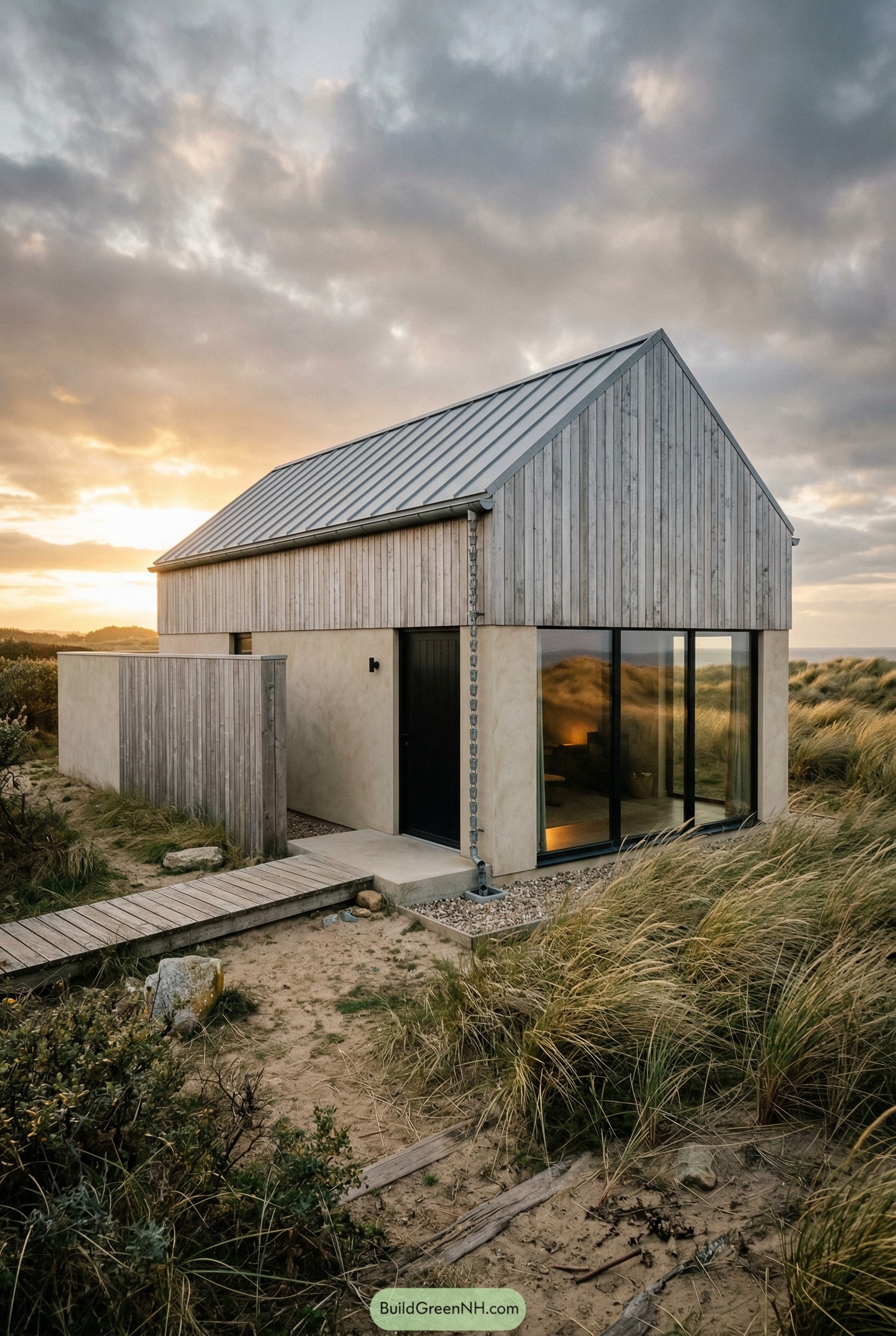 Modern timber and stucco house in dunes