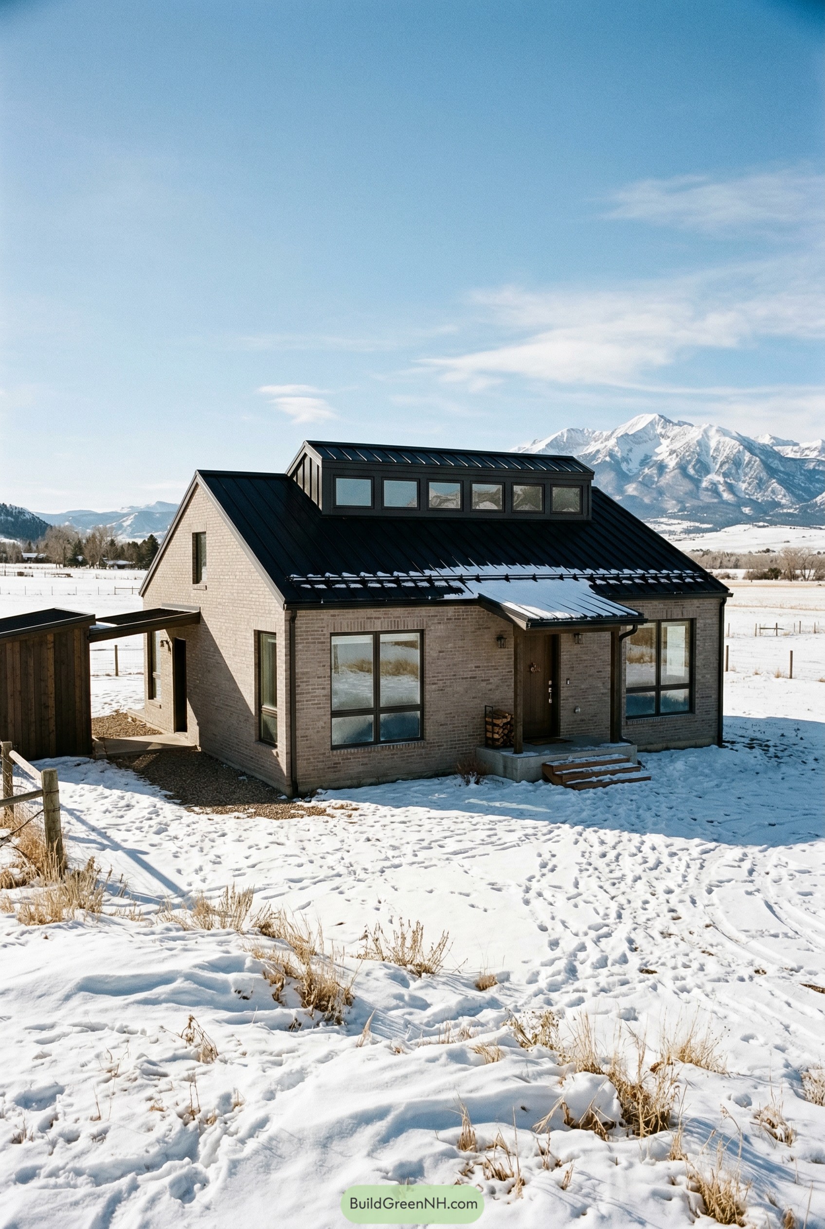 Modern pale brick ranch with black roof in snow