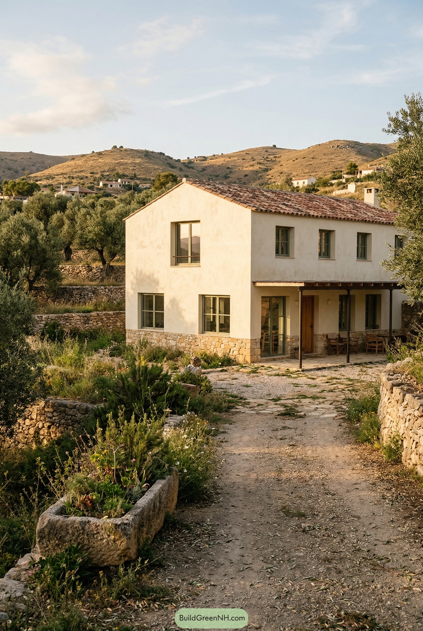 White stucco rural house with tile roof and olive garden