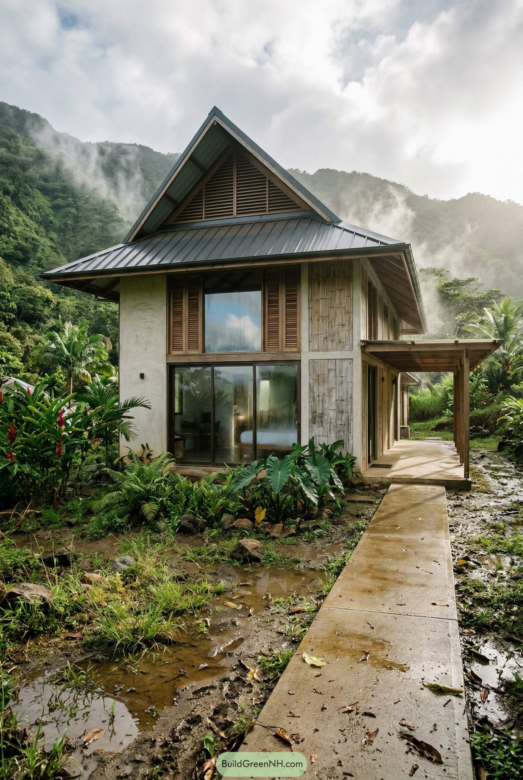 Tropical village house with a steep vented roof