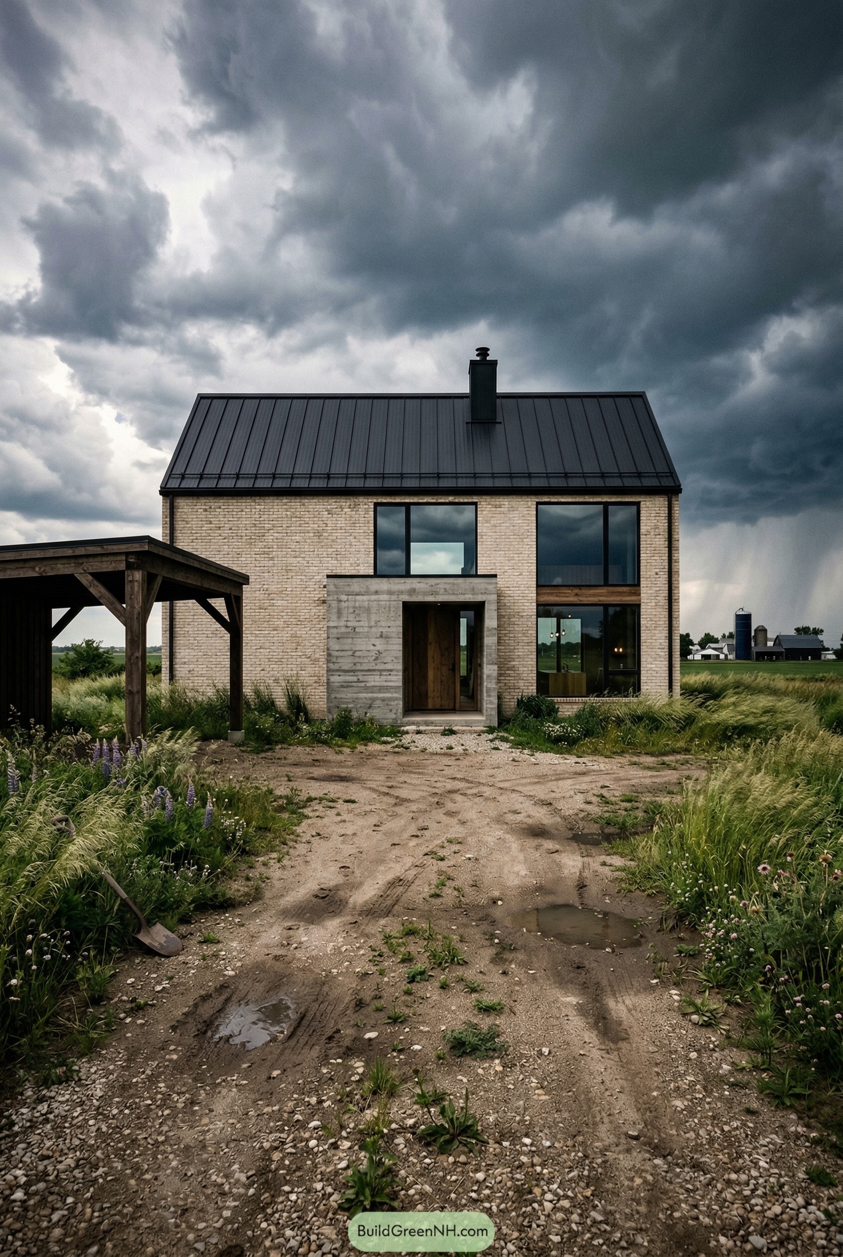 Modern pale brick house with black gable roof and concrete entry in a rural field