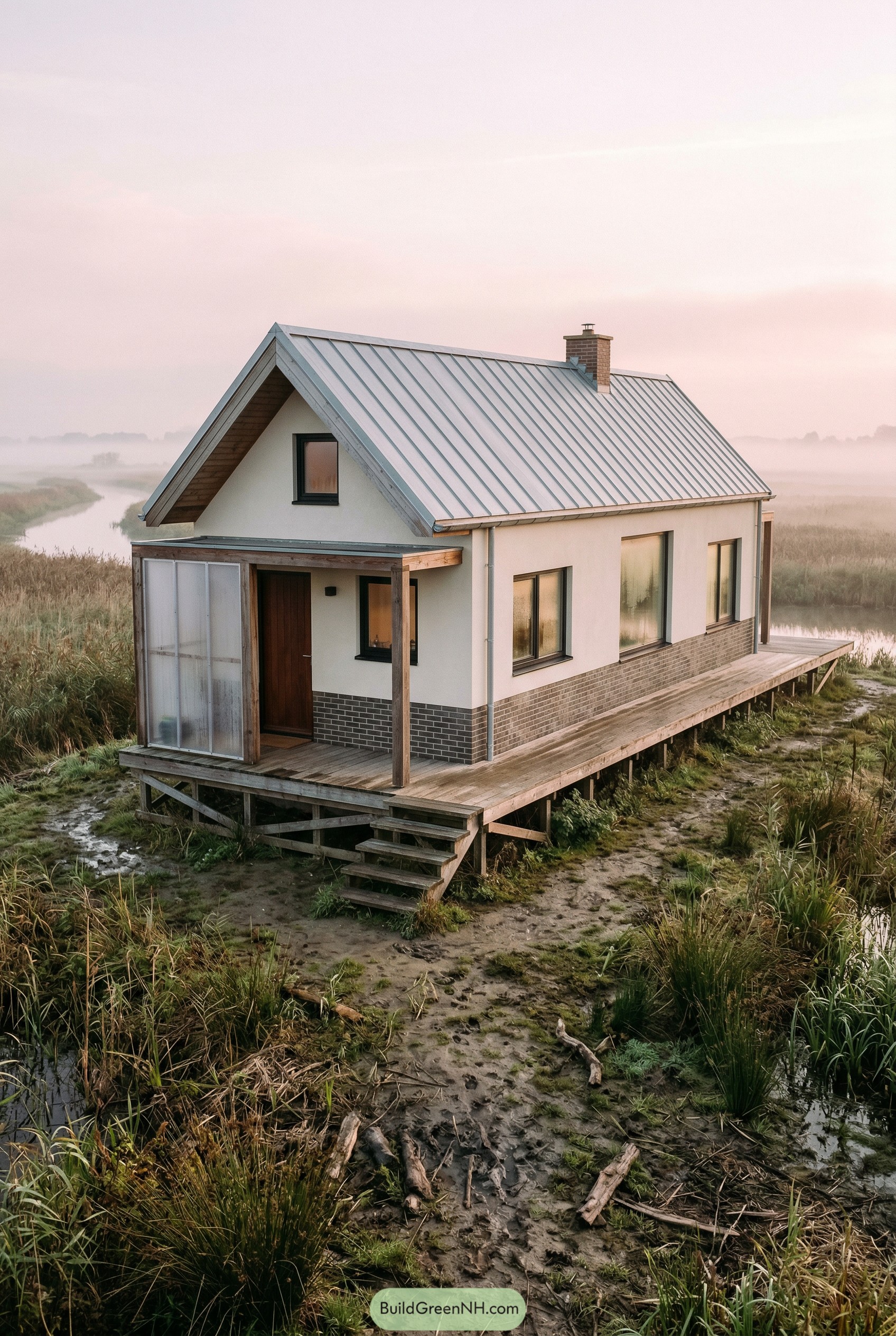White gabled house on a raised marsh deck