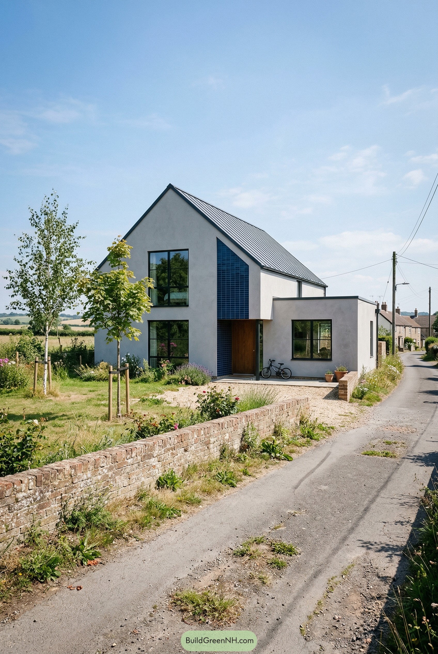 Modern white gabled house with blue tiled entry