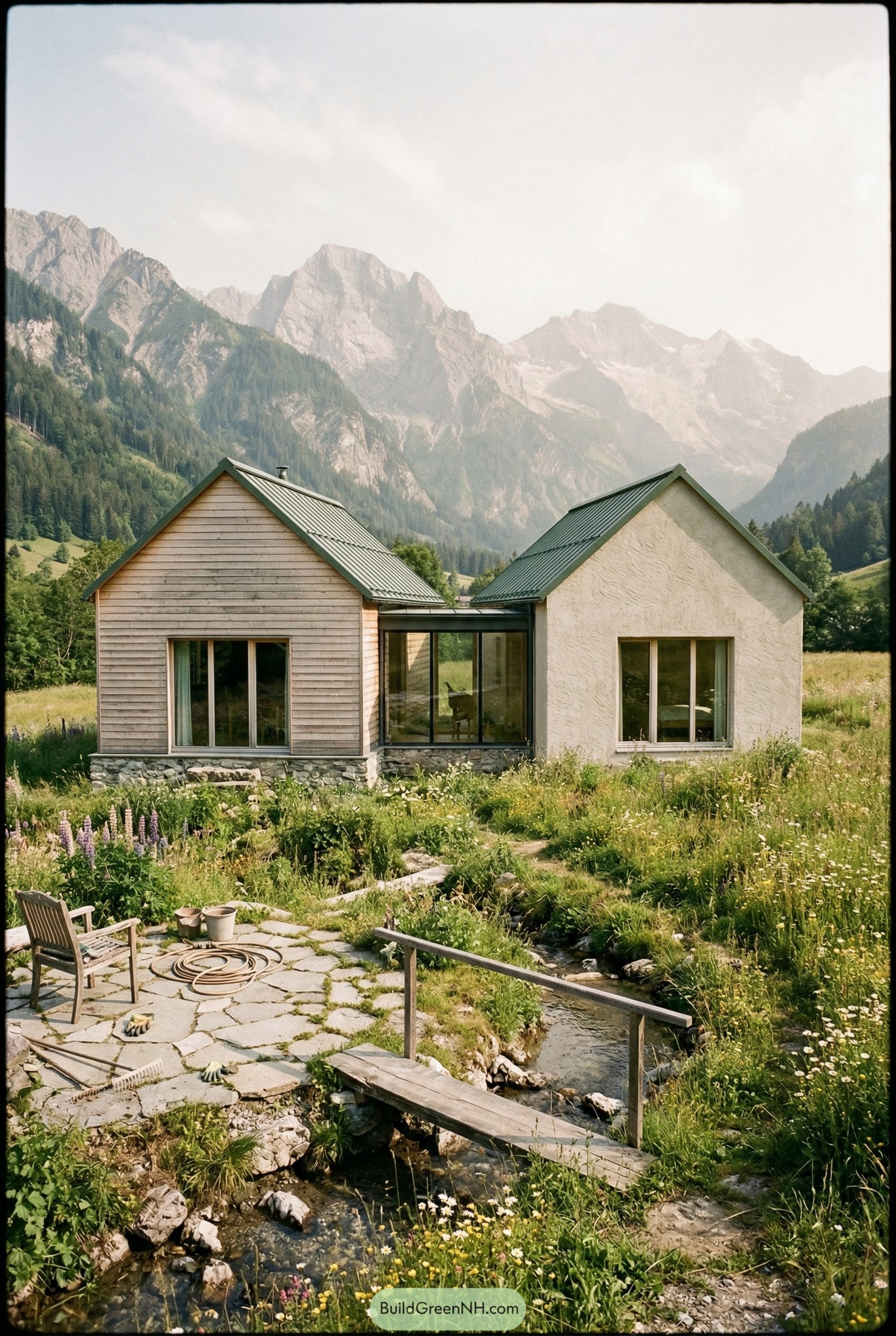 Split gabled chalet linked by glass in alpine meadow