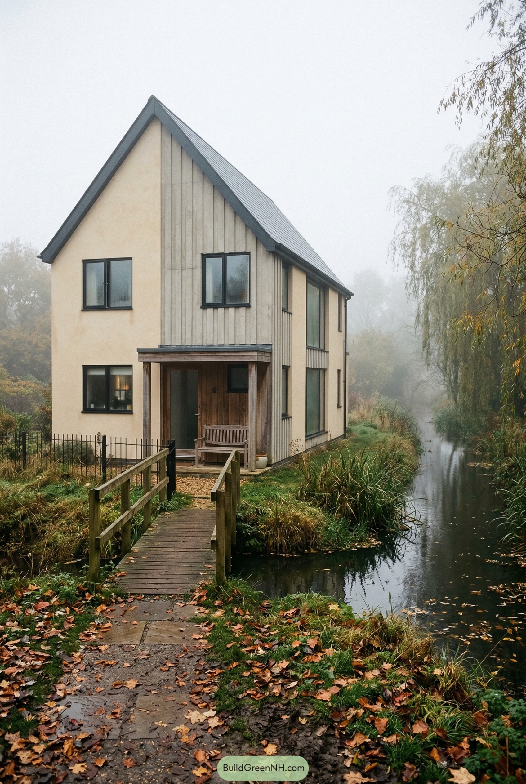 Modern gabled house beside a stream with a small wooden bridge