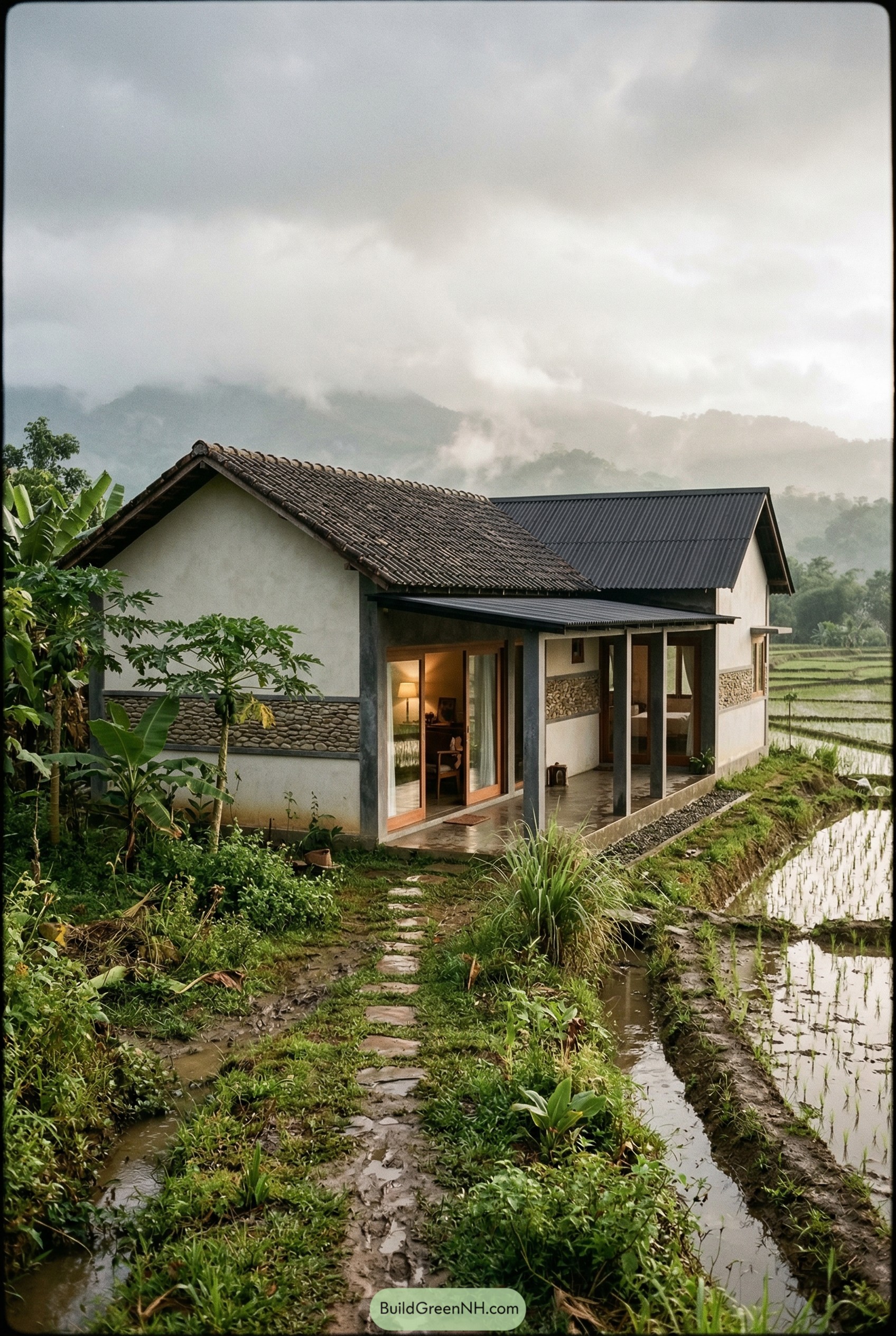 Modern village house beside rice paddies