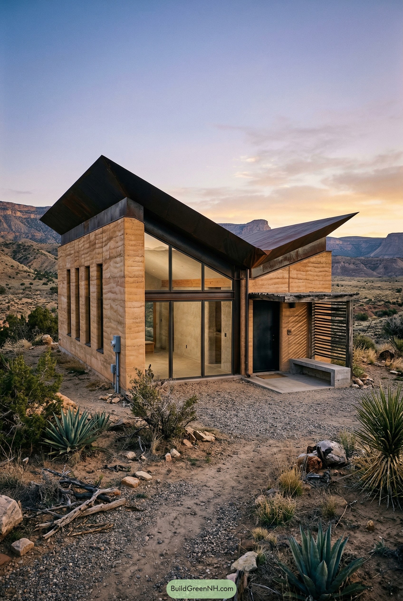 Modern rammed earth house with angular black roof in the desert