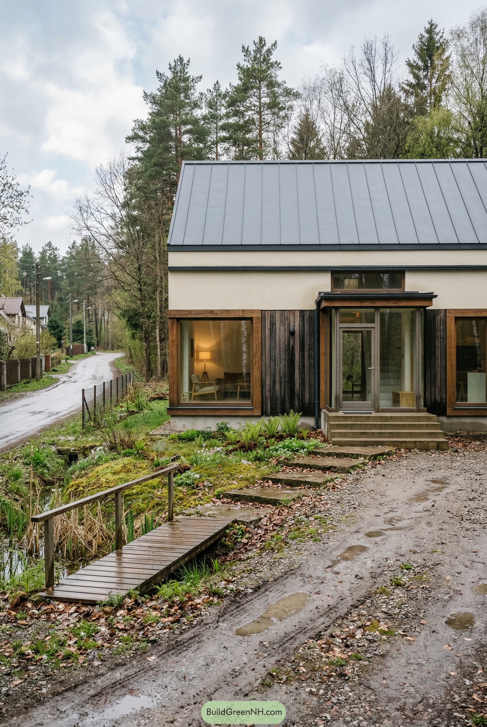 Modern plaster cottage with dark wood and metal roof