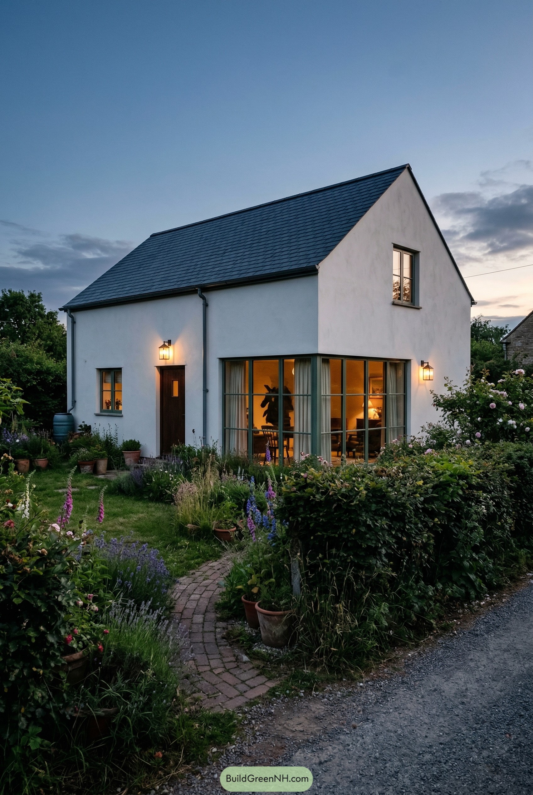 White gabled village house with flower garden