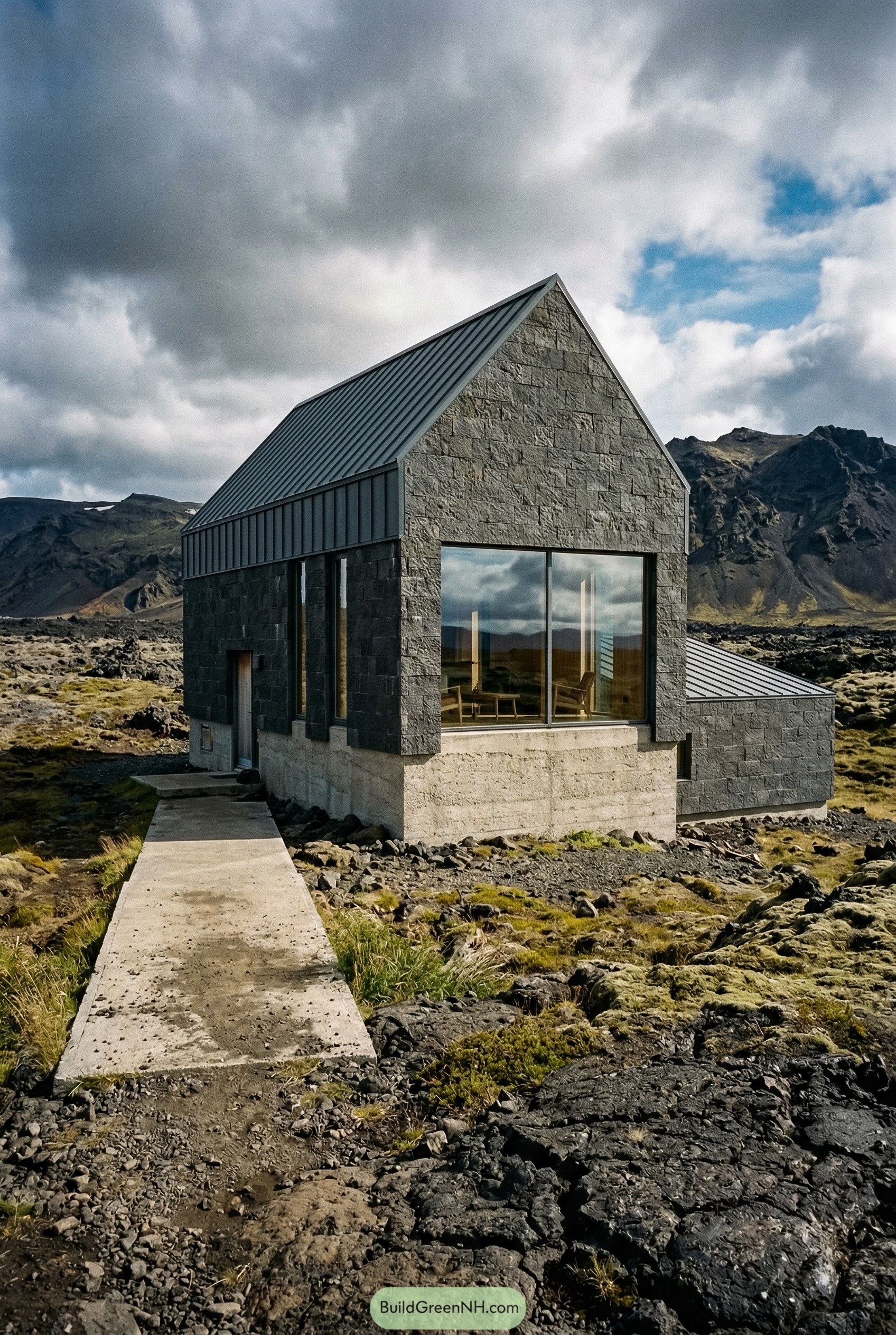 Modern stone gabled house in lava field