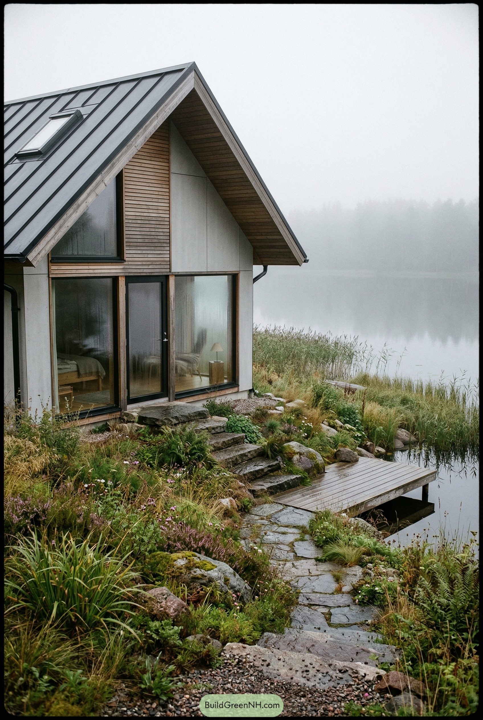 Small modern lakeside cabin with dock