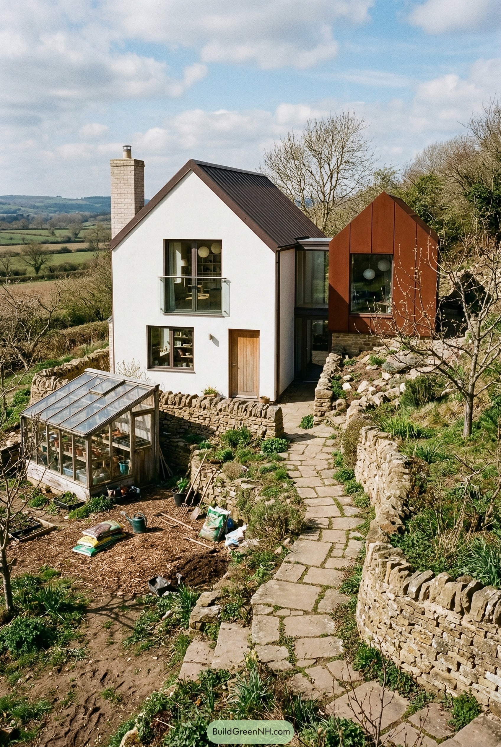 White and corten hillside house with greenhouse