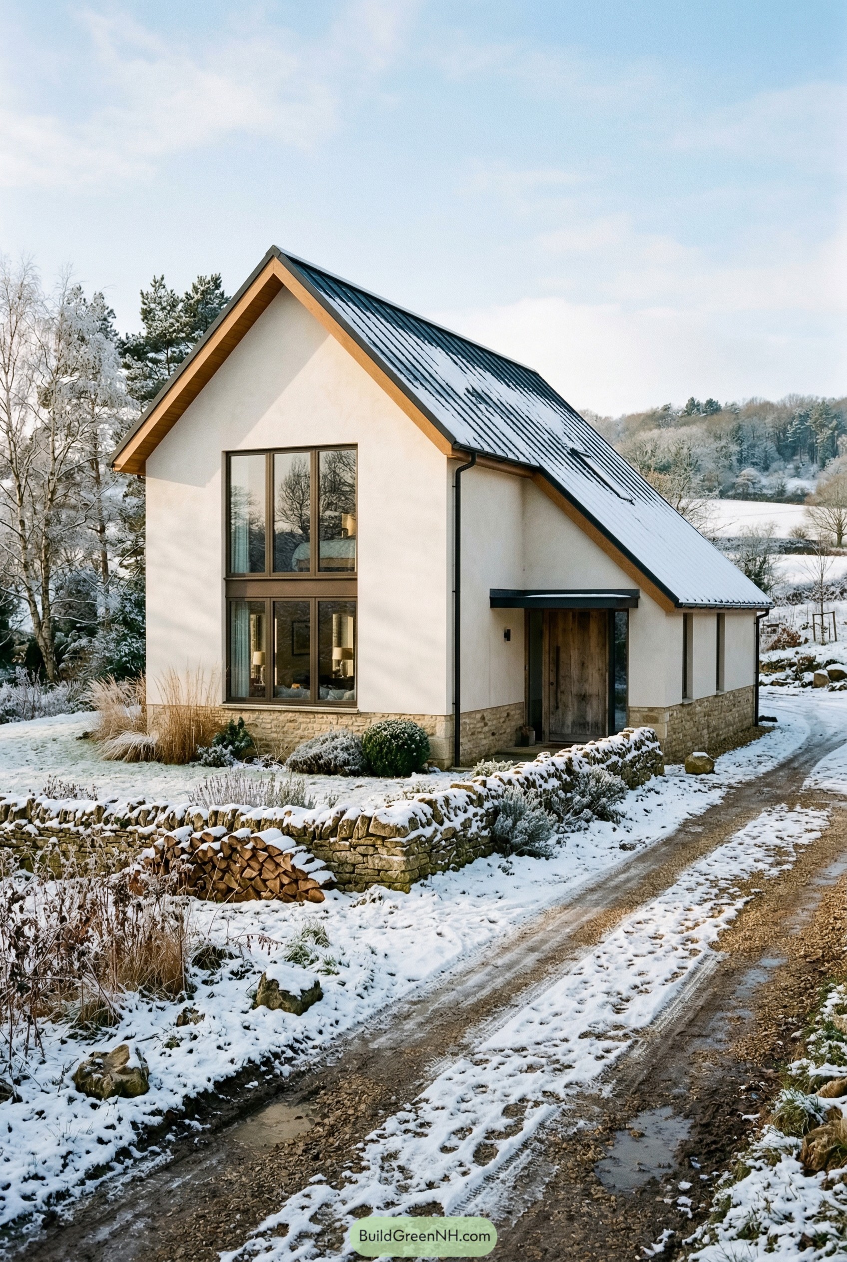 Modern gabled white house in snow