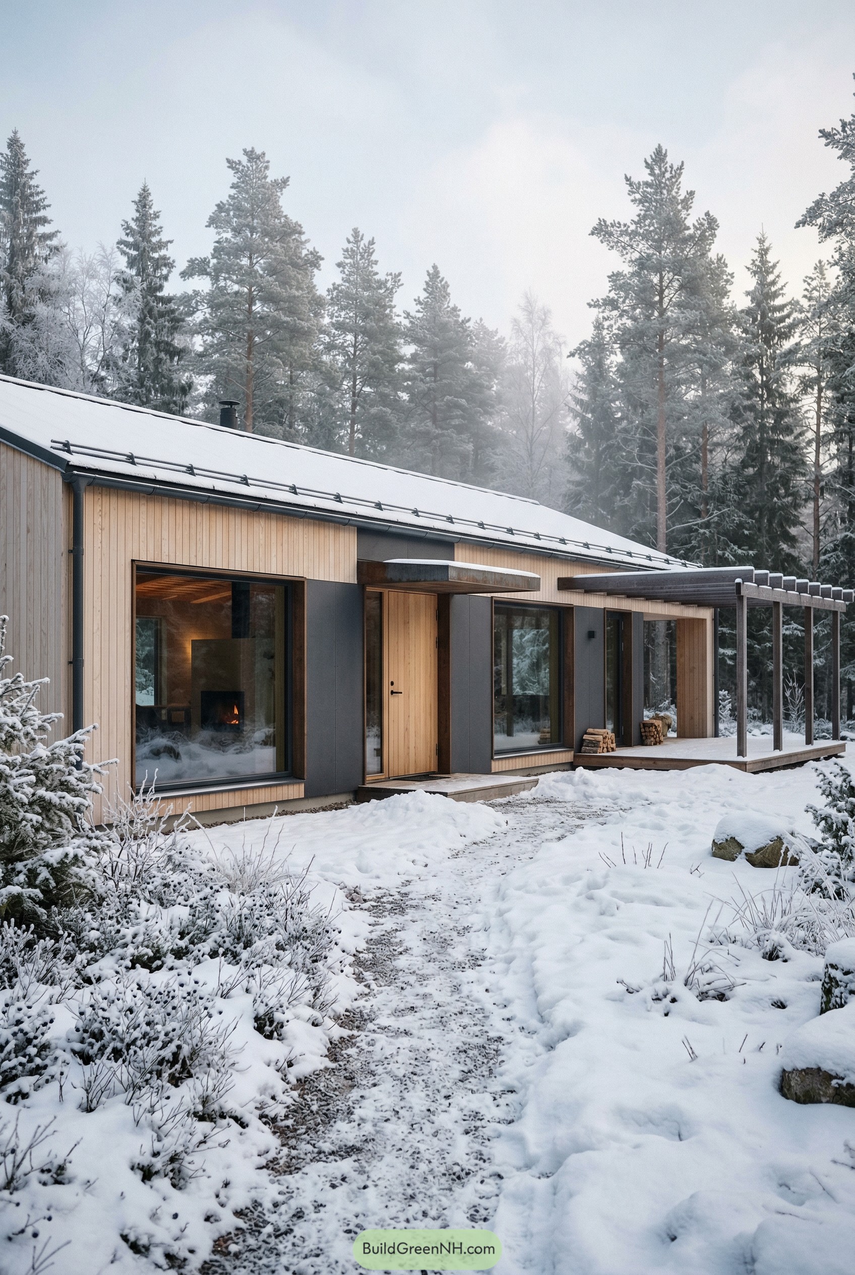 Modern wooden ranch house in snowy pines