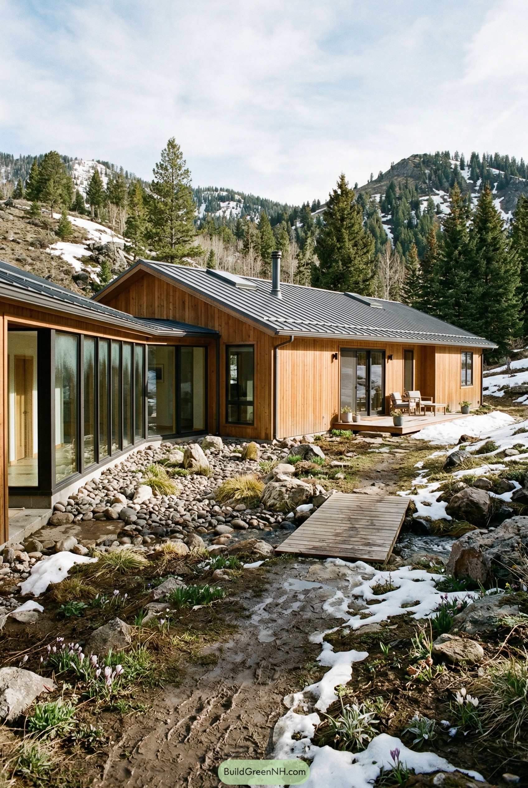 Modern cedar ranch house beside a snowmelt creek