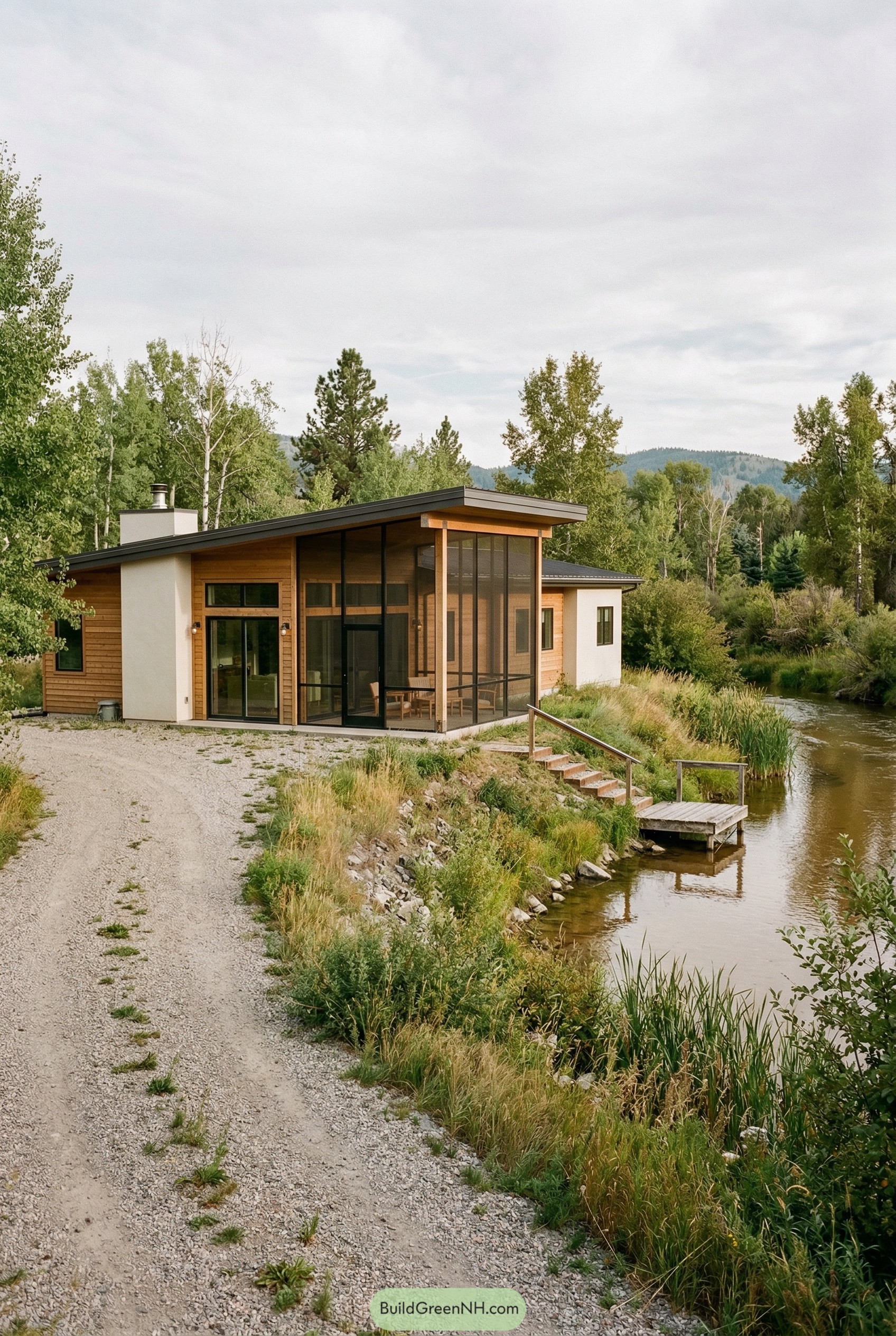 Modern wood ranch house beside a creek