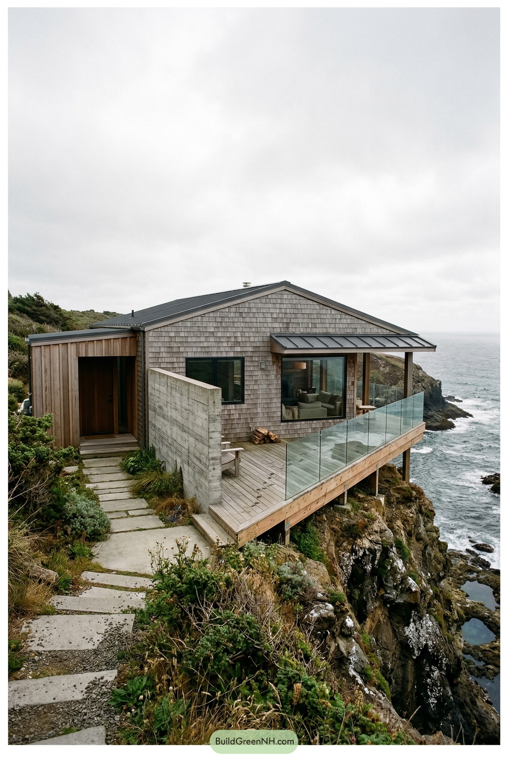 Wood ranch house on a rocky seaside cliff with glass deck