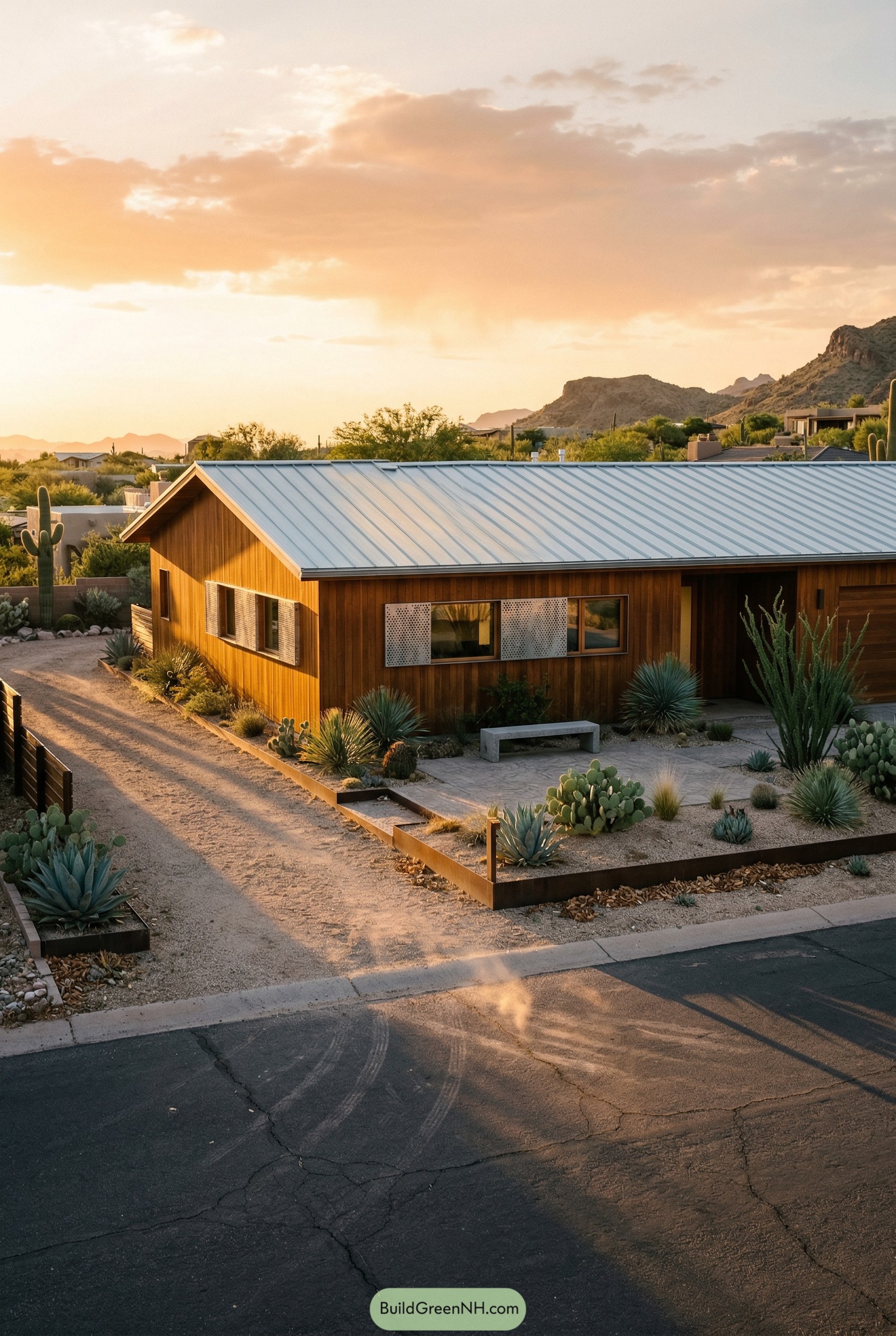 Modern wood ranch house with metal roof and desert garden