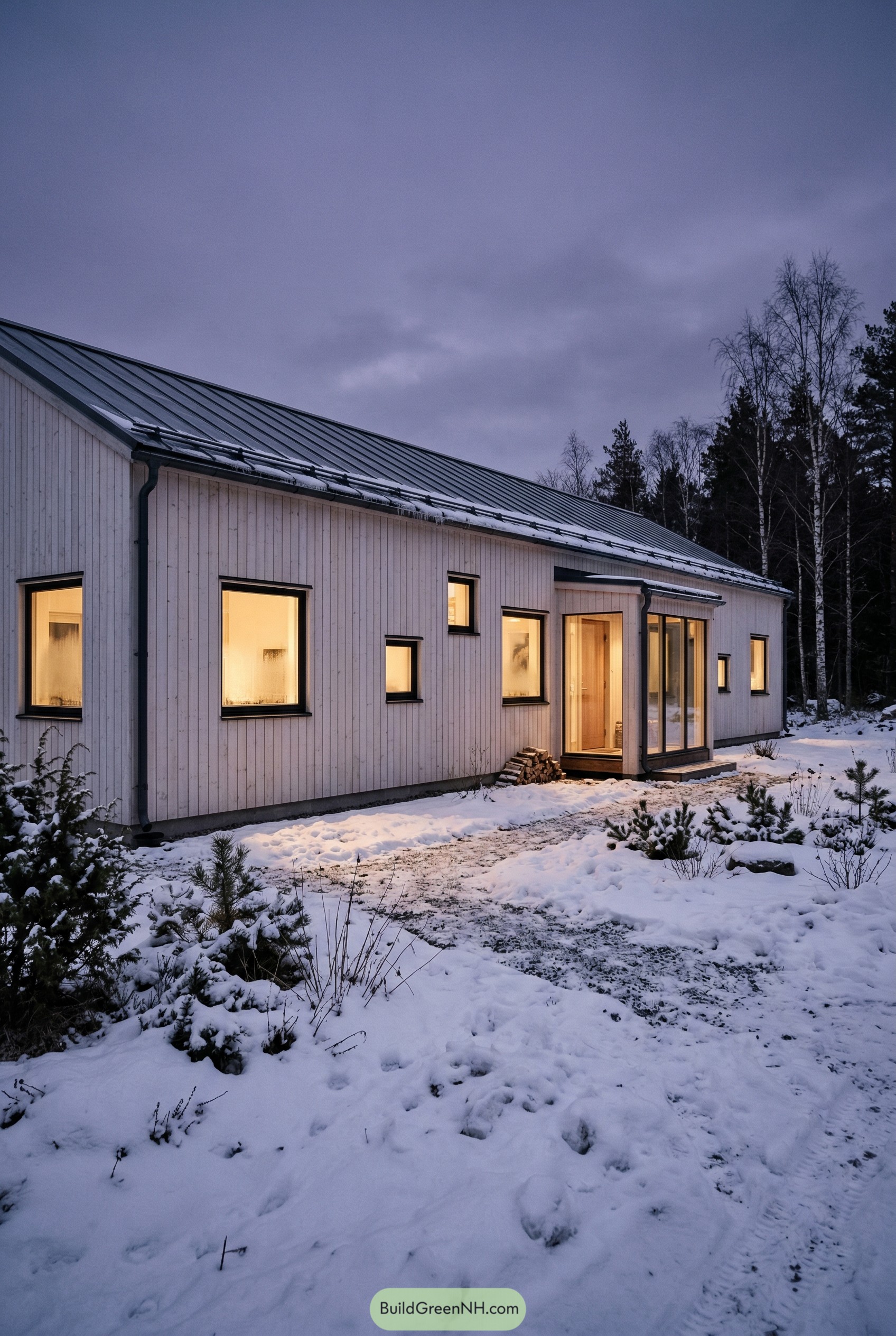 Long pale timber ranch with black roof in snow