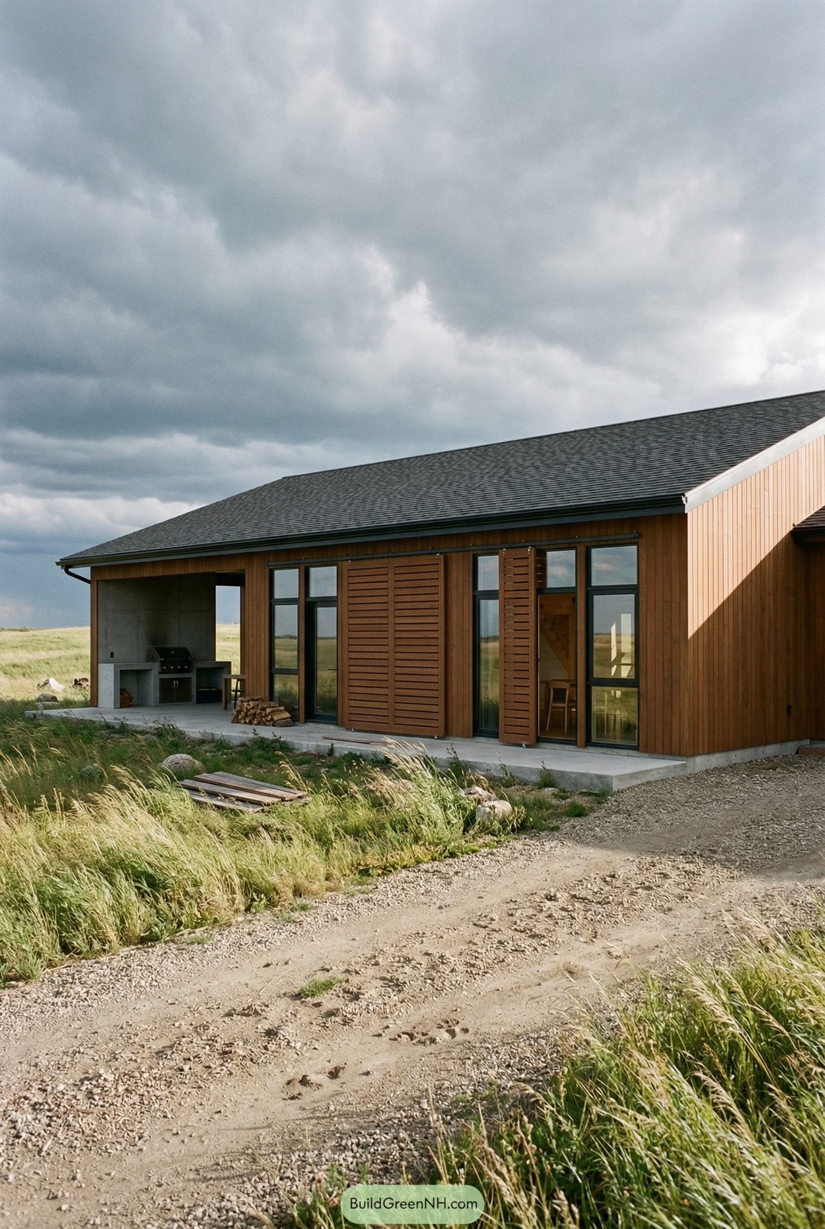 Wood ranch house with sliding shutters and covered patio