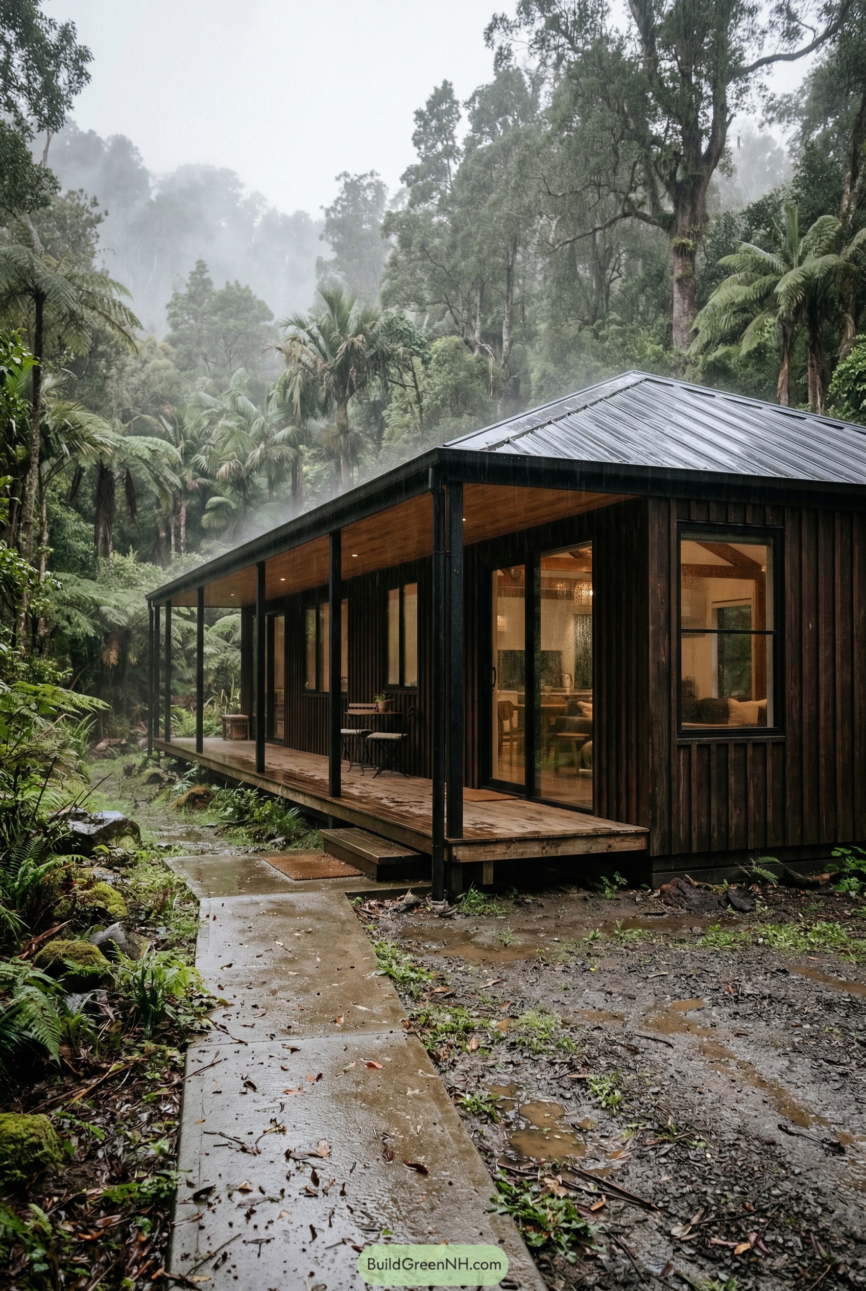 Dark timber ranch house in rainy forest