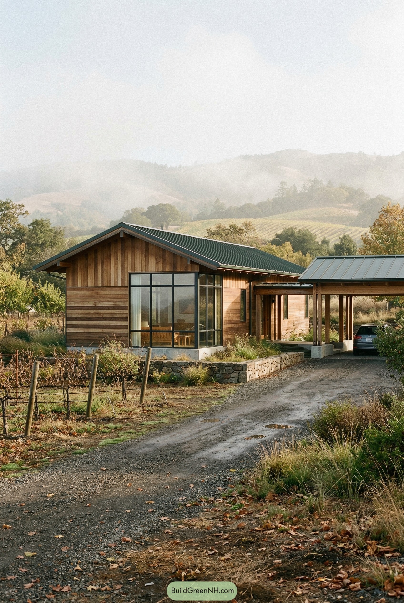 Wood ranch house with metal roof and carport