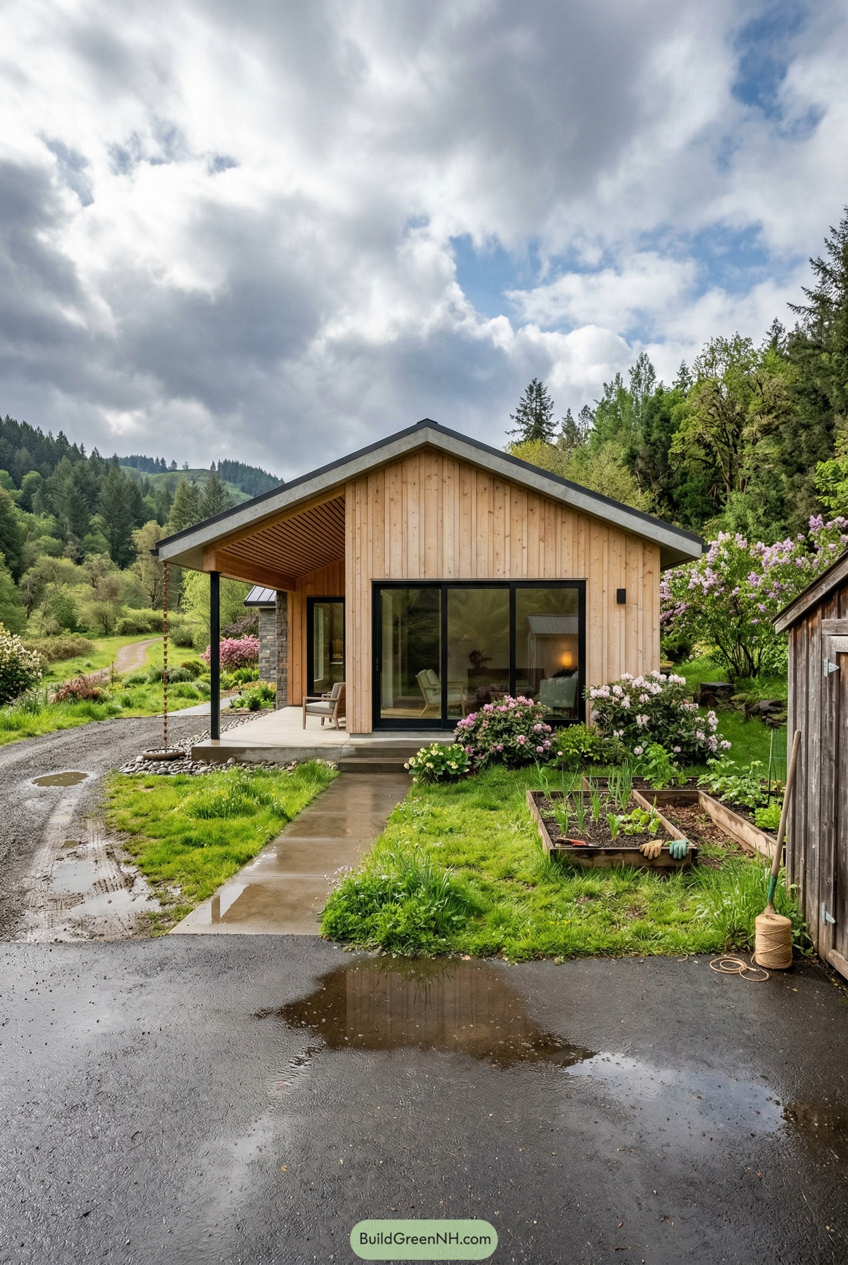 Small modern wood ranch with gabled porch and garden beds