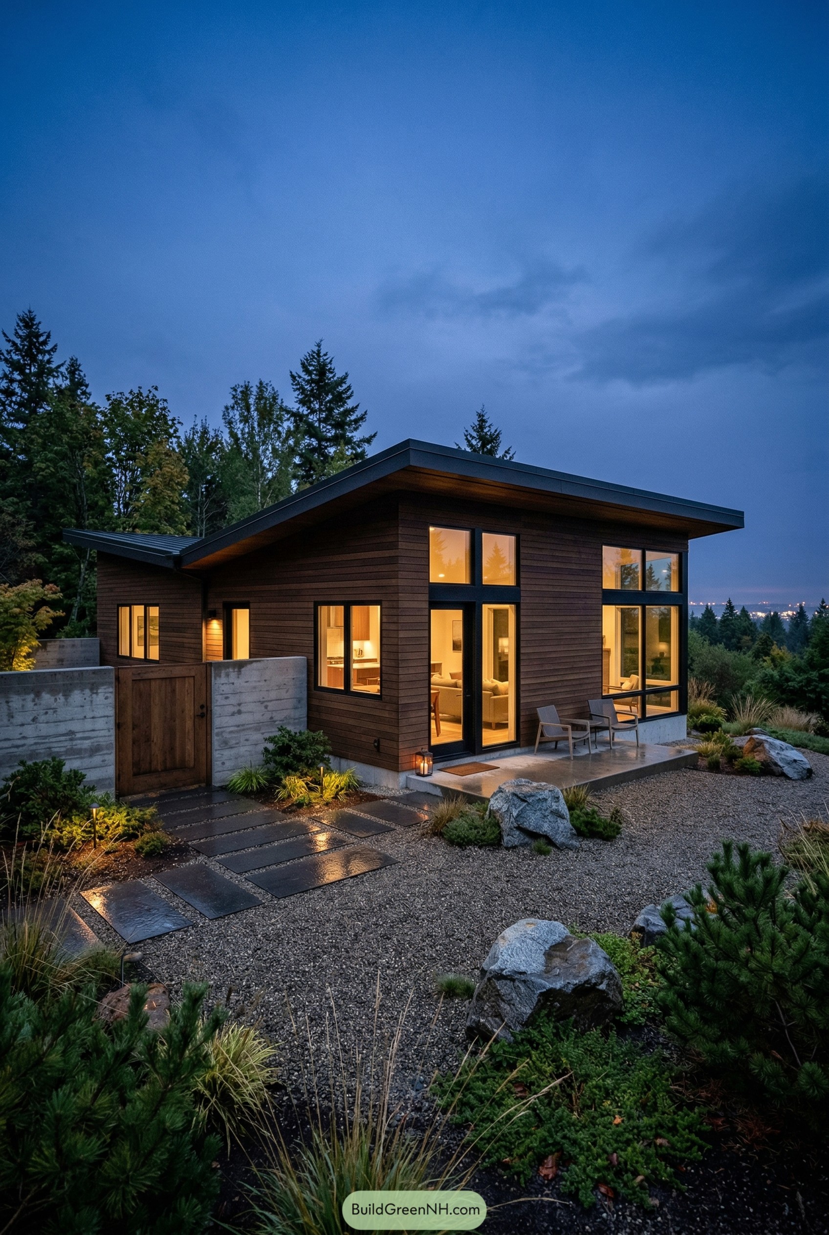 Dark wood ranch house at dusk