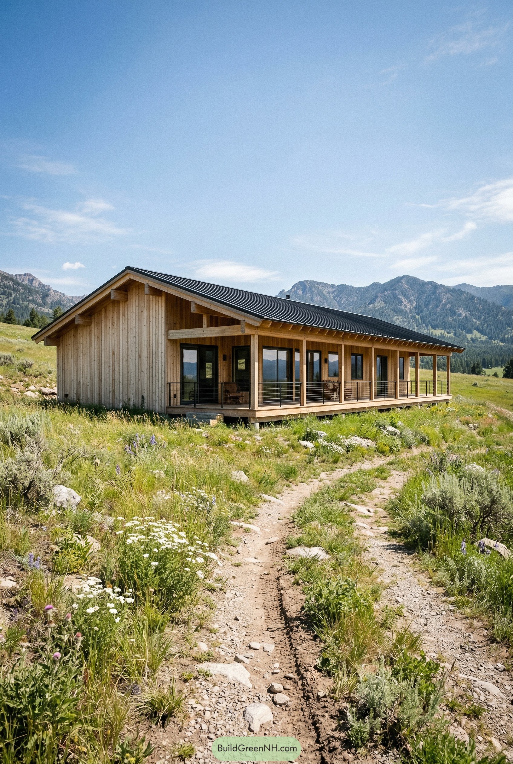 Modern wood ranch house with long porch in a mountain meadow