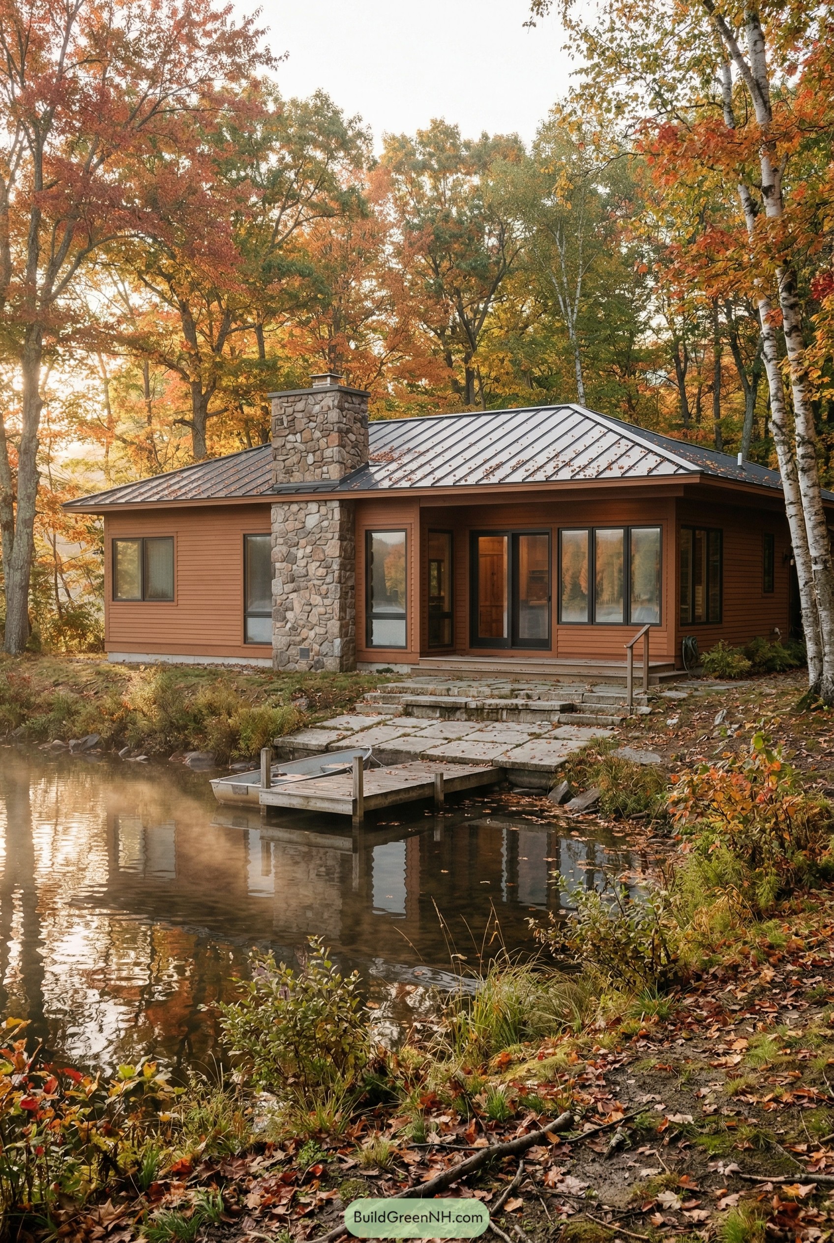 Modern wooden ranch house by a pond with stone chimney