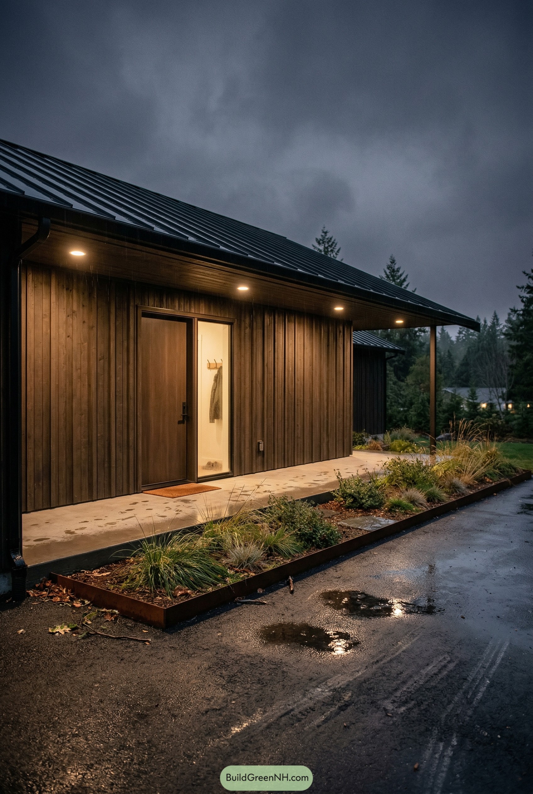 Dark wood ranch house with black roof in rain