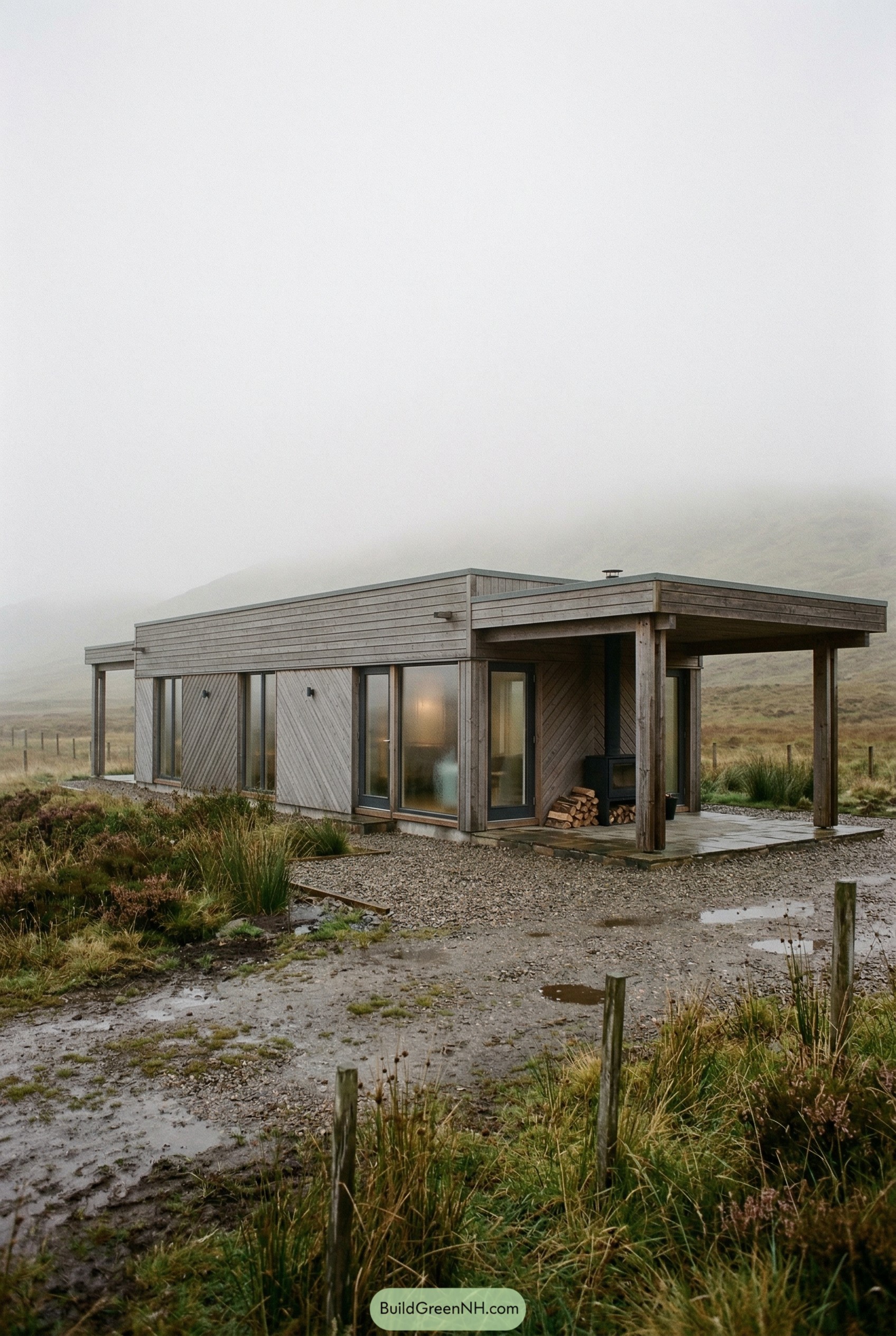 Modern timber ranch house with covered porch in misty moorland
