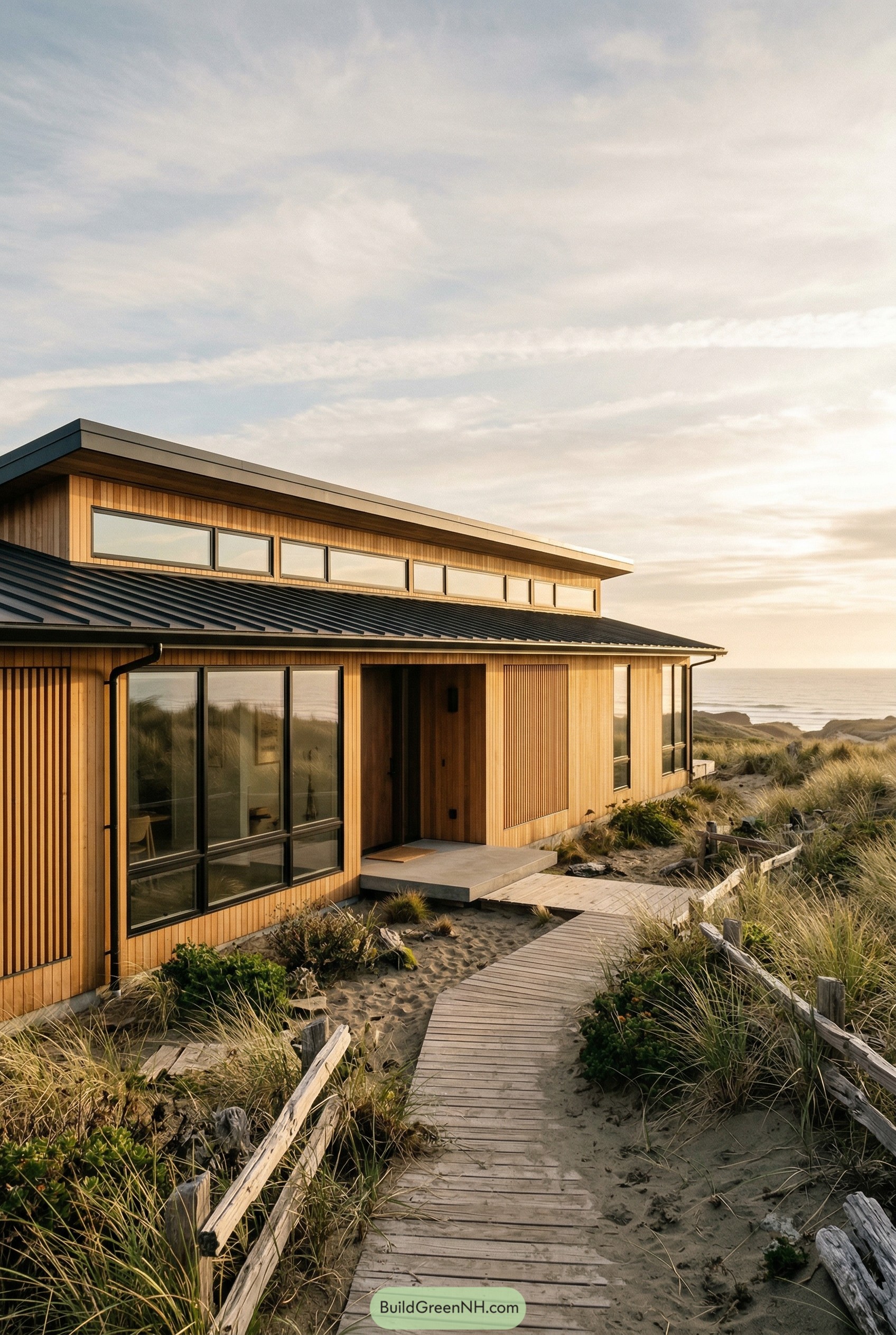 Modern cedar ranch house in coastal dunes