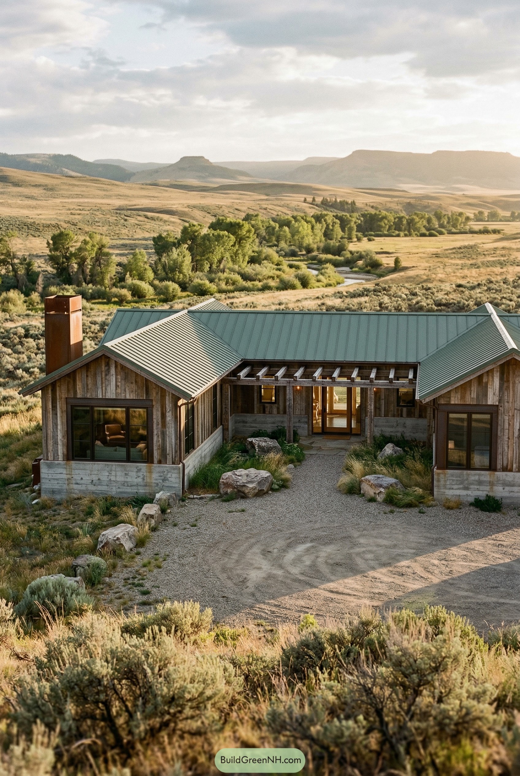 Rustic ranch house with green metal roof in a sagebrush valley